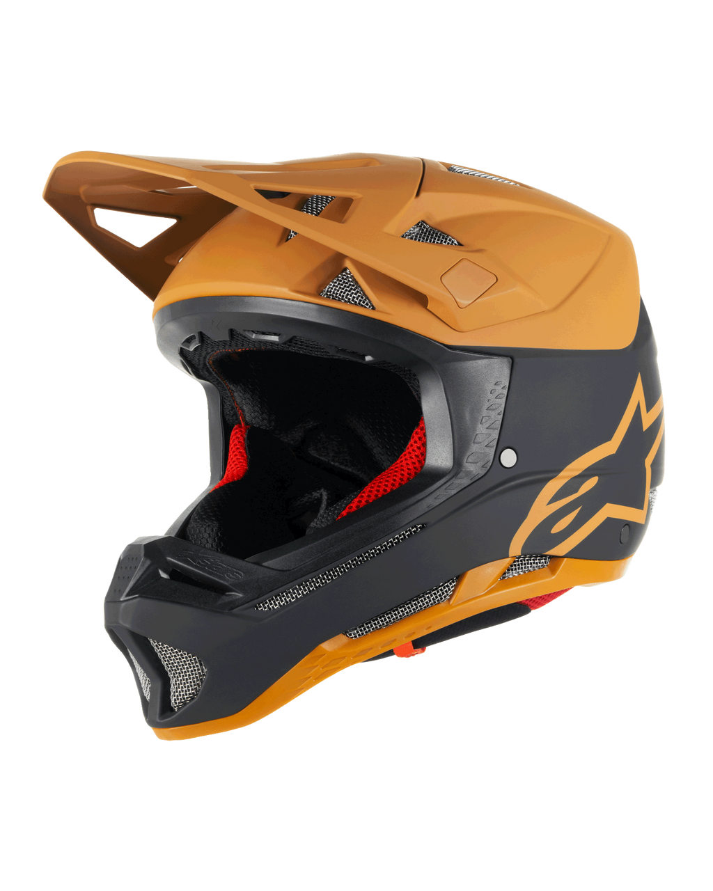 Alpinestars Missile Tech Racer hjelm, full-face MTB-hjelm, sort og mørk guld mat, mat finish med guldstjerne-logo, rød indvendig polstring, sølvfarvede mesh-ventilationsåbninger til luftgennemstrømning, vinkelformet visir, downhill mountainbike-beskyttelsesudstyr