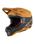 Alpinestars Missile Tech Racer hjelm, full-face MTB-hjelm, sort og mørk guld mat, mat finish med guldstjerne-logo, rød indvendig polstring, sølvfarvede mesh-ventilationsåbninger til luftgennemstrømning, vinkelformet visir, downhill mountainbike-beskyttelsesudstyr