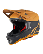 Alpinestars Missile Tech Racer hjelm, full-face MTB-hjelm, sort og mørk guld mat, mat finish med guldstjerne-logo, rød indvendig polstring, sølvfarvede mesh-ventilationsåbninger til luftgennemstrømning, vinkelformet visir, downhill mountainbike-beskyttelsesudstyr
