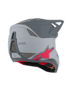 Alpinestars Missile Tech Racer hjelm, full-face MTB-hjelm, lysegrå og mørkegrå mat med rødt stjernelogo, bagfra-sidevisning med ventilationsnet og strømlinet profil, beskyttelse til downhill-cykling