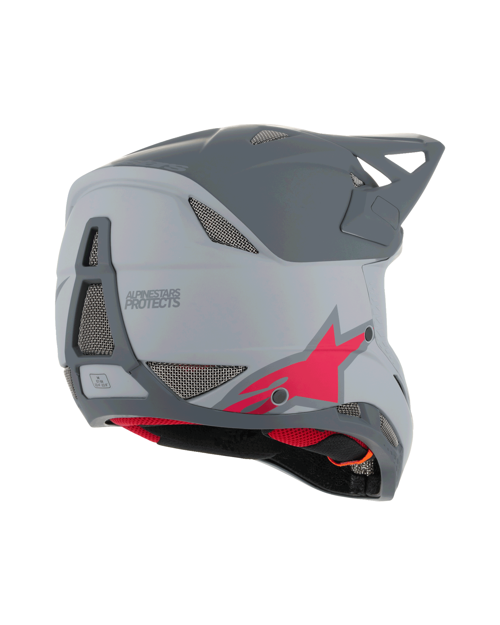 Alpinestars Missile Tech Racer hjelm, full-face MTB-hjelm, lysegrå og mørkegrå mat med rødt stjernelogo, bagfra-sidevisning med ventilationsnet og strømlinet profil, beskyttelse til downhill-cykling