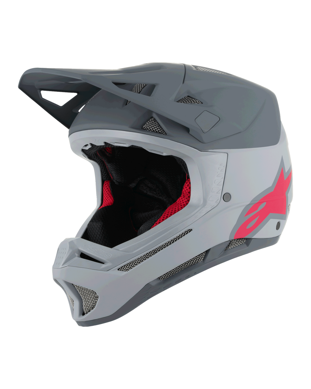 Alpinestars Missile Tech Racer hjelm, fuldansigts MTB-hjelm, lysegrå og mørkegrå mat med lyserødt Astars-logo, aerodynamisk visir, flere mesh-ventilationsåbninger, sort og rød indvendig polstring, downhill mountainbike-udstyr