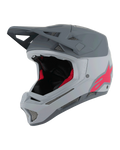 Alpinestars Missile Tech Racer hjelm, fuldansigts MTB-hjelm, lysegrå og mørkegrå mat med lyserødt Astars-logo, aerodynamisk visir, flere mesh-ventilationsåbninger, sort og rød indvendig polstring, downhill mountainbike-udstyr
