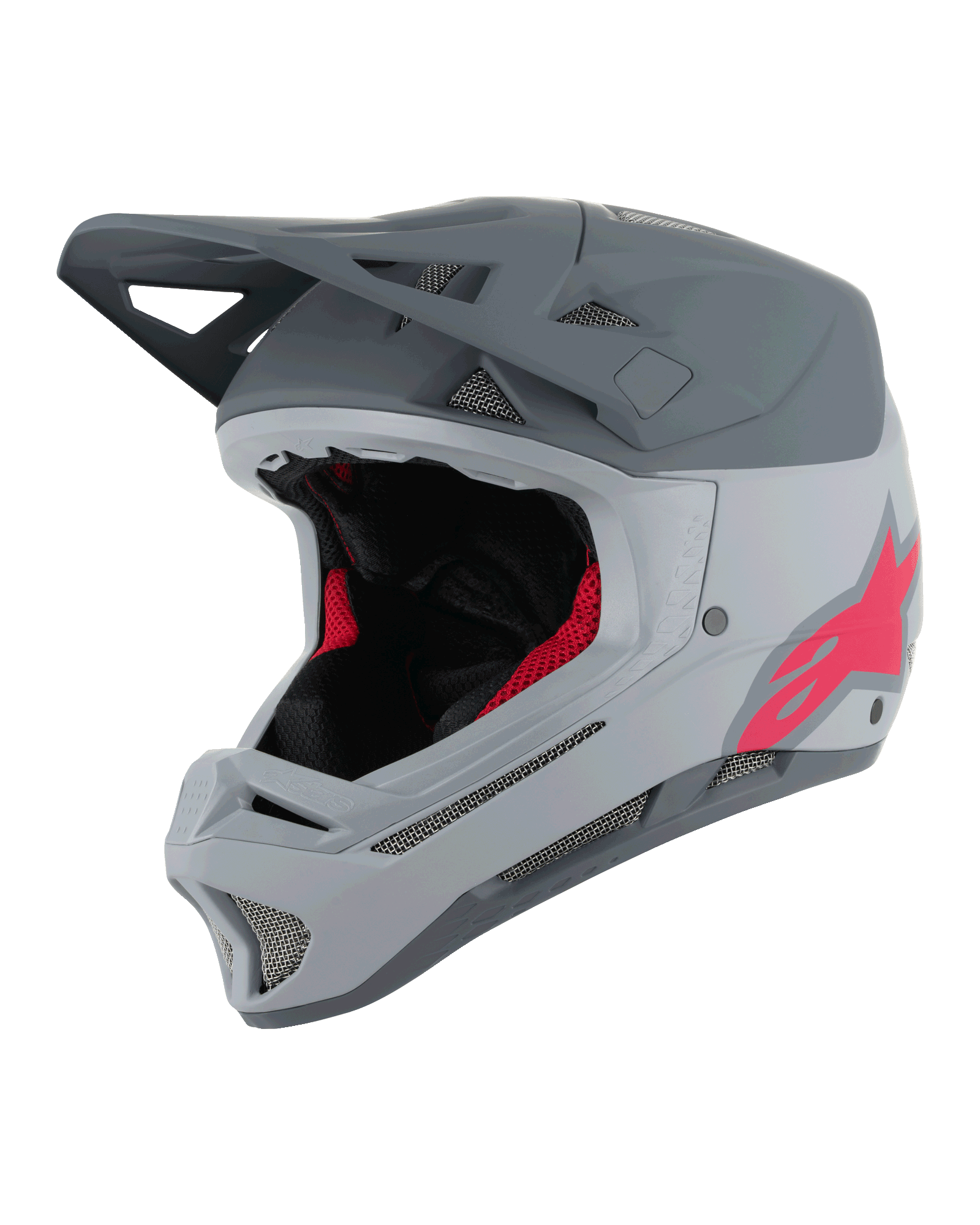 Alpinestars Missile Tech Racer hjelm, fuldansigts MTB-hjelm, lysegrå og mørkegrå mat med lyserødt Astars-logo, aerodynamisk visir, flere mesh-ventilationsåbninger, sort og rød indvendig polstring, downhill mountainbike-udstyr