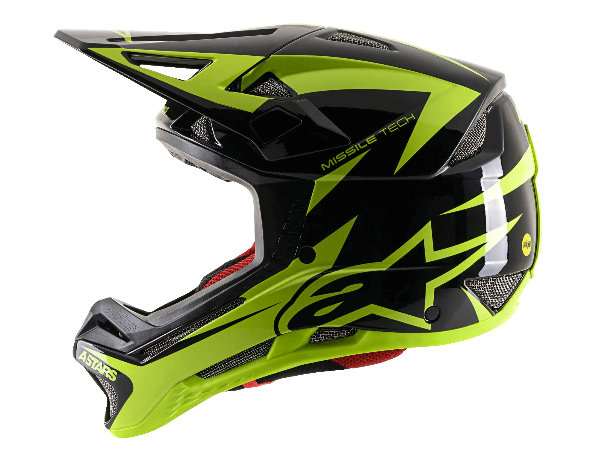 Alpinestars Missile Tech-Air Full Face Helmet, MTB Full Face Helmet, Black and Yellow Fluo Glossy, side profile view highlighting large yellow star logo, mesh air vents, and aerodynamic visor for downhill mountain bike riding.