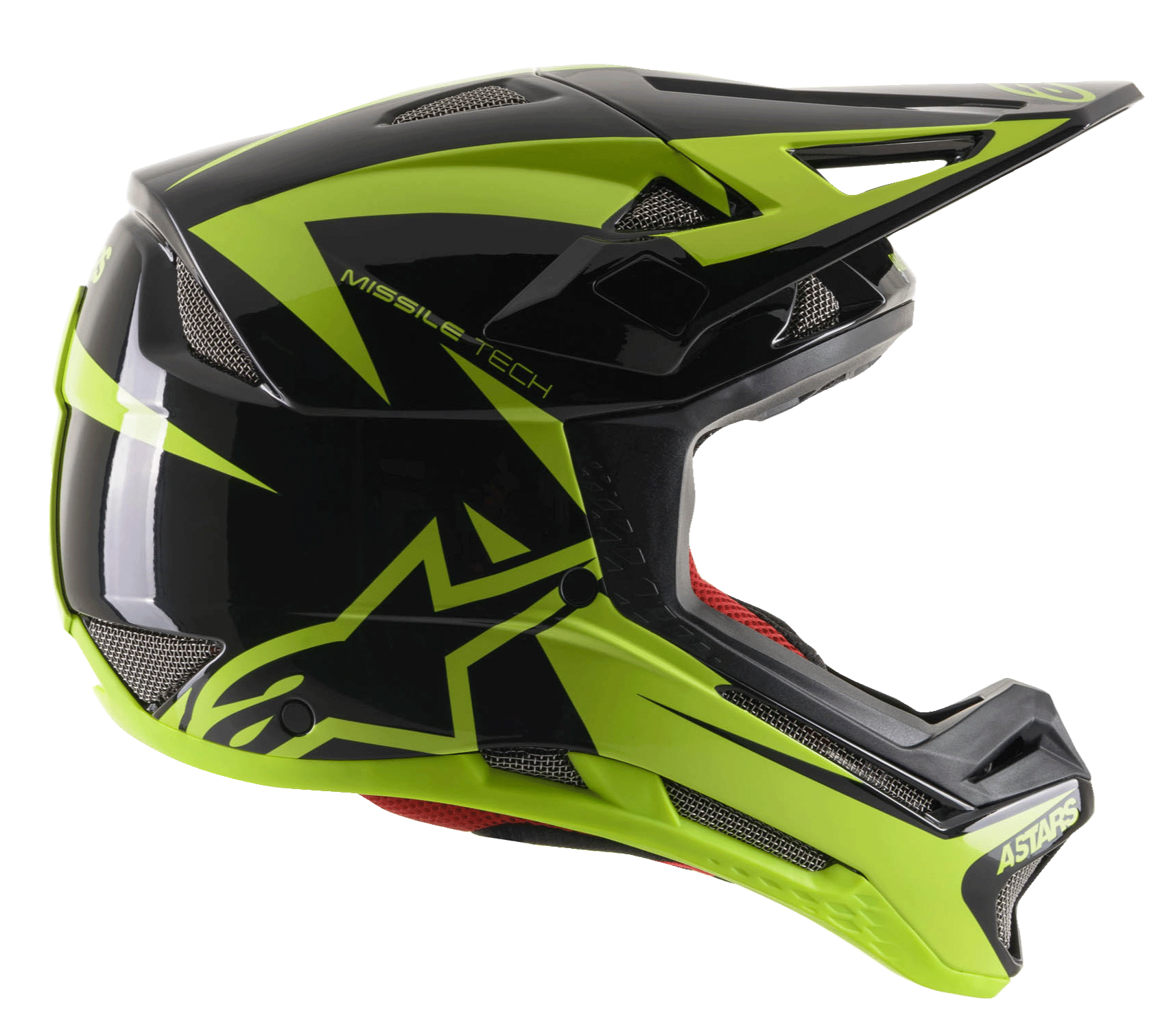 Alpinestars Missile Tech-Air Full Face Helmet, Downhill MTB Helmet, Black and Yellow Fluo Glossy, side profile view featuring aerodynamic mesh vents, large fluorescent yellow star logo and MISSILE TECH branding, red inner lining, sleek performance design for mountain biking