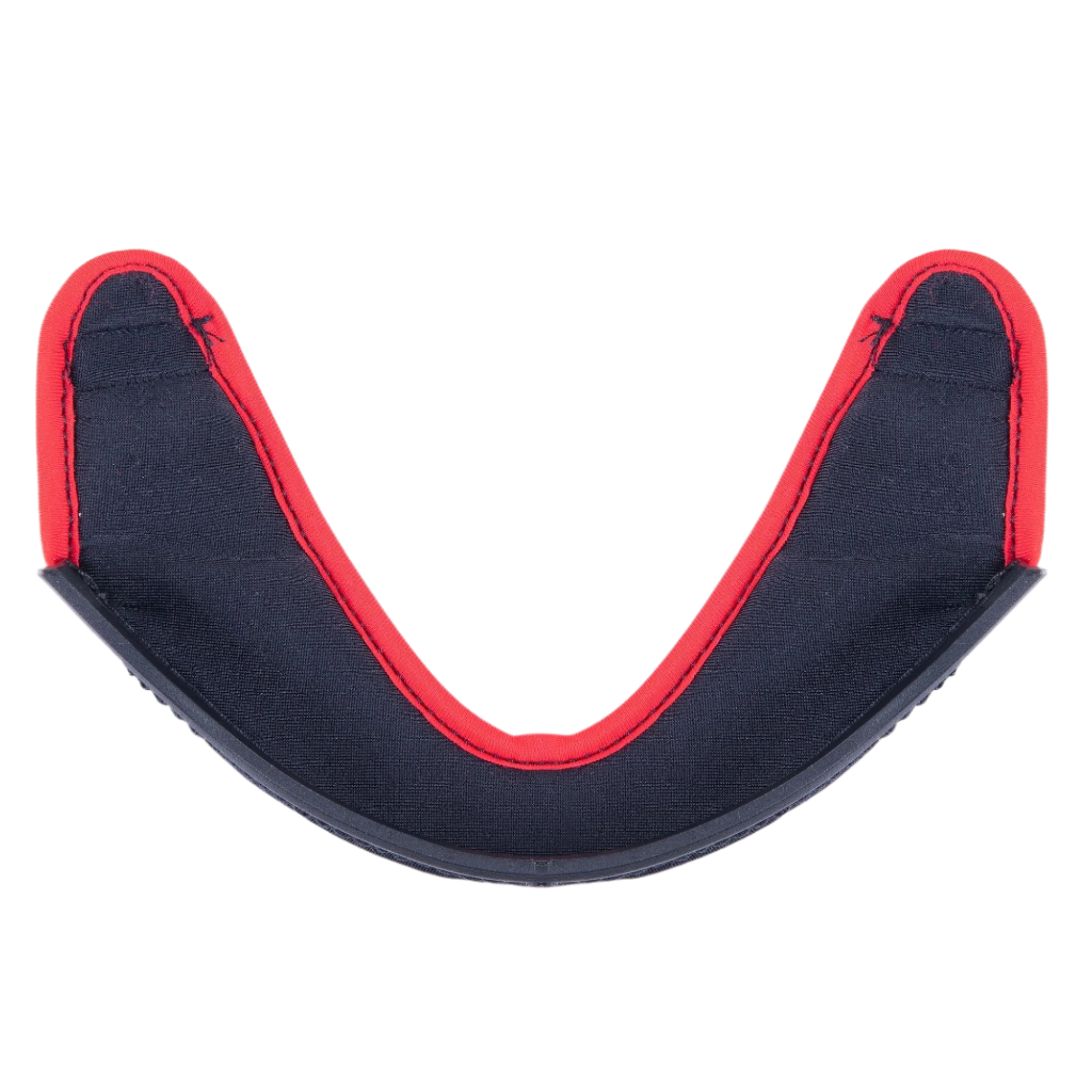 Alpinestars Supertech R10 Chin Curtain, Helmet Accessory, dark gray fabric with a prominent red stitched border and a curved black plastic edge, official replacement part for S-R10 helmets