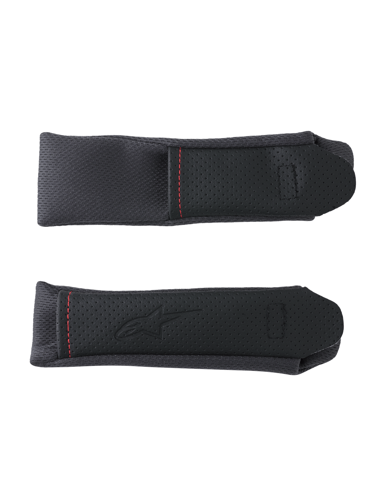 Alpinestars S-R7 hageremsbeskyttelse, reservedel til motorcykelhjelm i sort og grå, med perforerede paneler og røde kontrast-syninger.