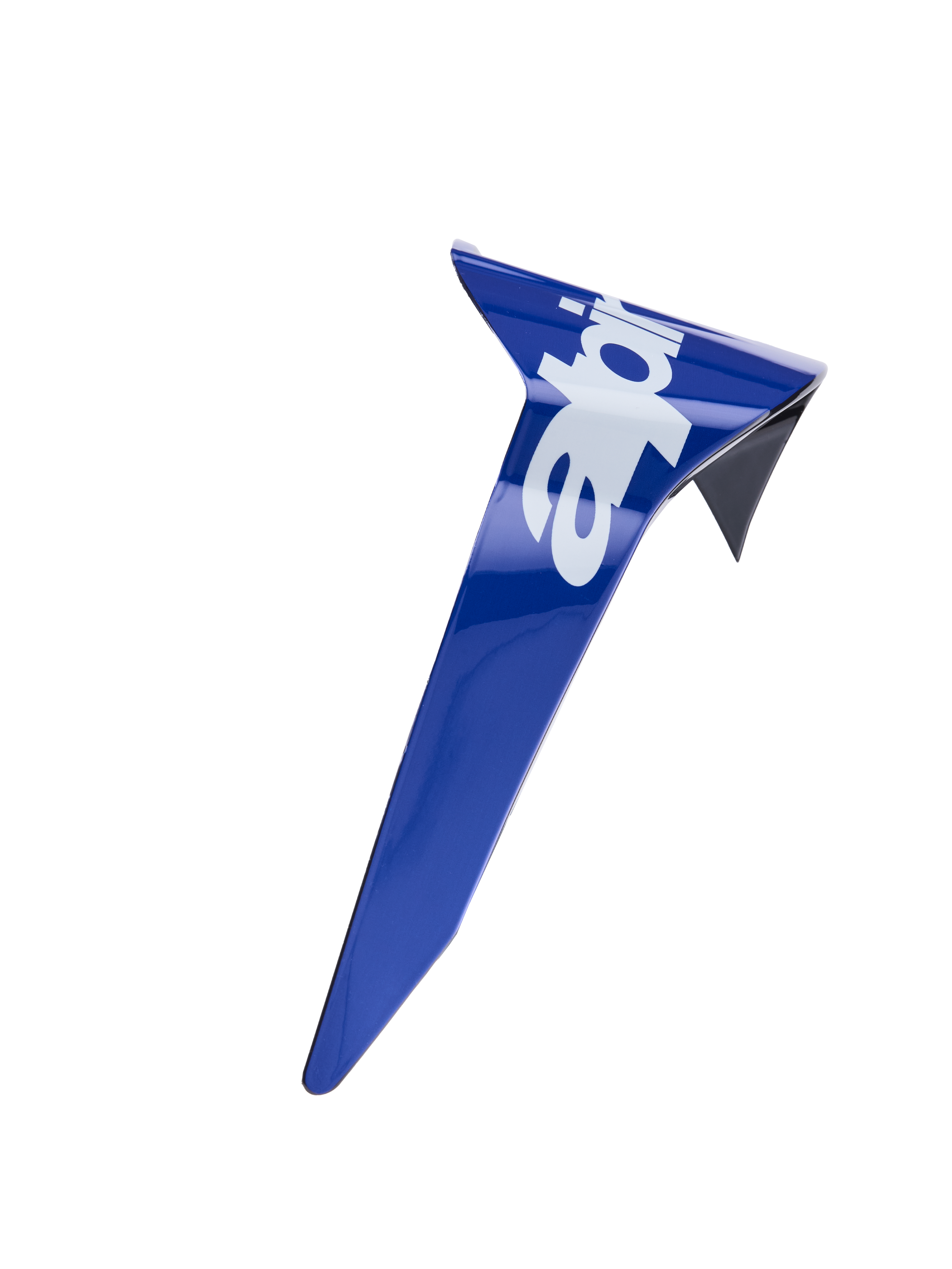 Alpinestars Supertech R10 Arius Standard spoiler, aerodynamisk reservedel til hjelm, blank blå med hvidt Alpinestars-logo, præcisionsstøbt plast for stabilitet ved høj hastighed under racing.