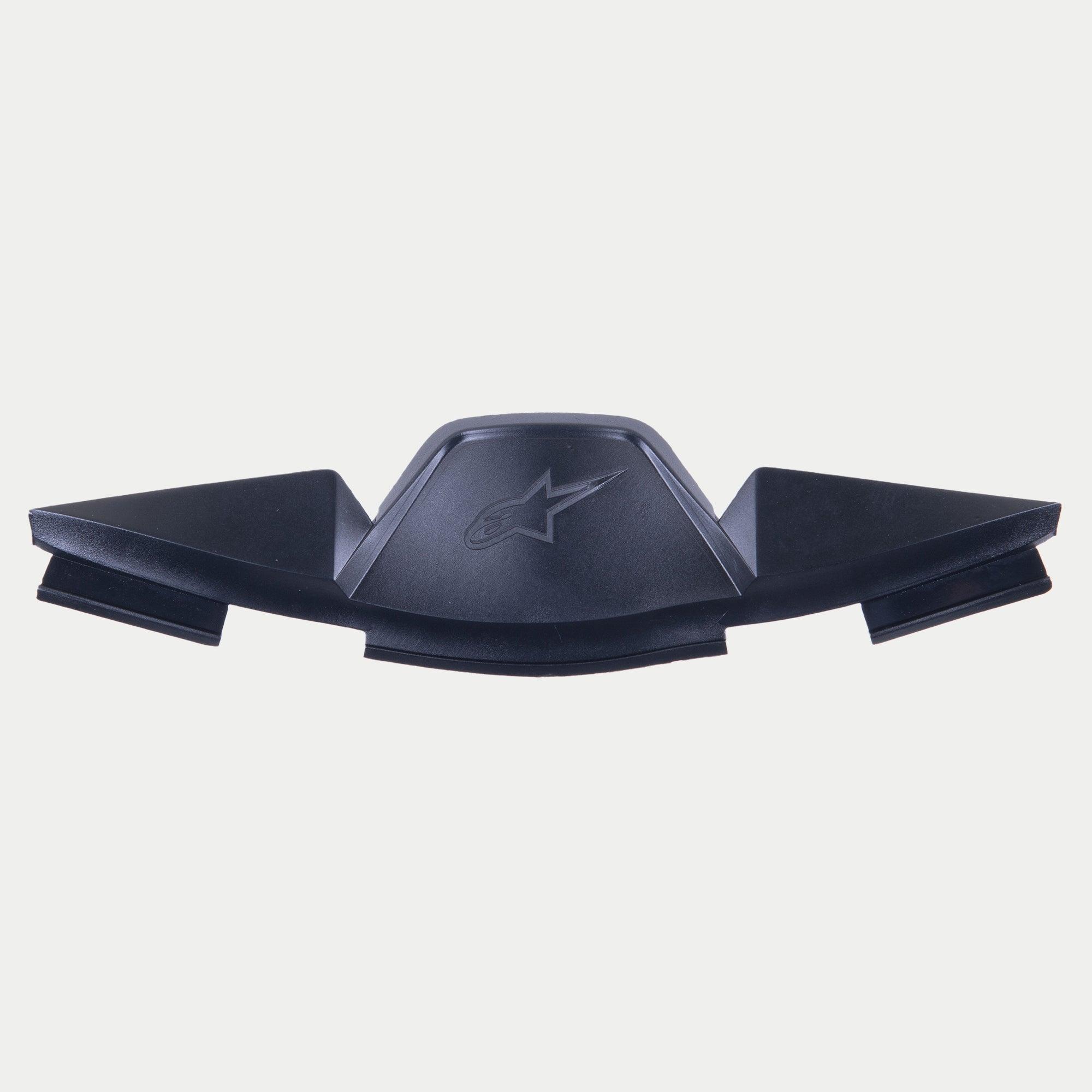 Alpinestars Supertech R10 Breath Deflector, Black Helmet Accessory, featuring an embossed star logo and angular geometric design for airflow management and visor fog reduction