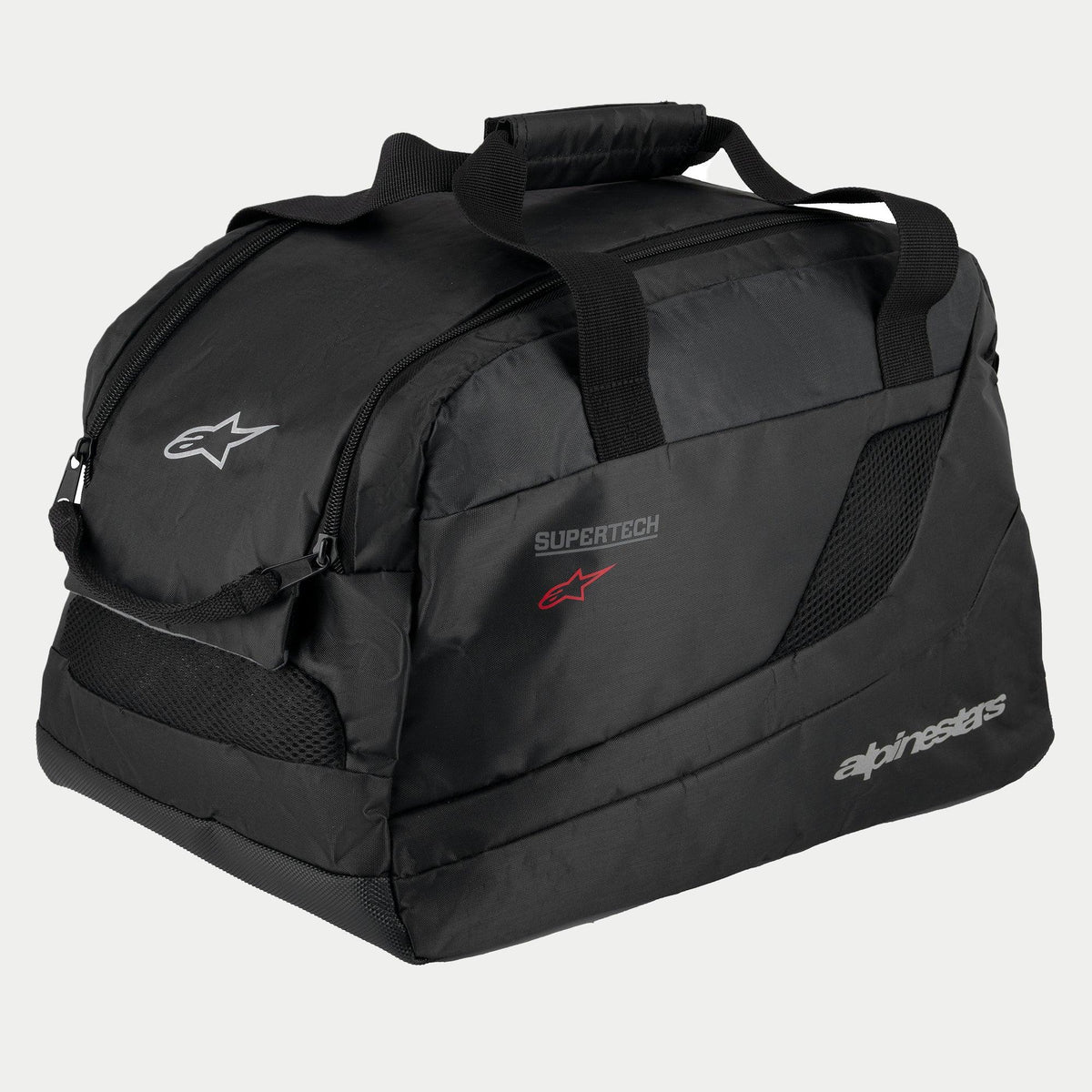 Alpinestars Supertech R10 hjelmtaske, sort, polstret semi-stiv konstruktion til motorcykelhjelme, med bærehåndtag med velcrolukning, lynlåsåbning, ventilationspaneler i mesh og reflekterende Alpinestars- og Supertech-logoer