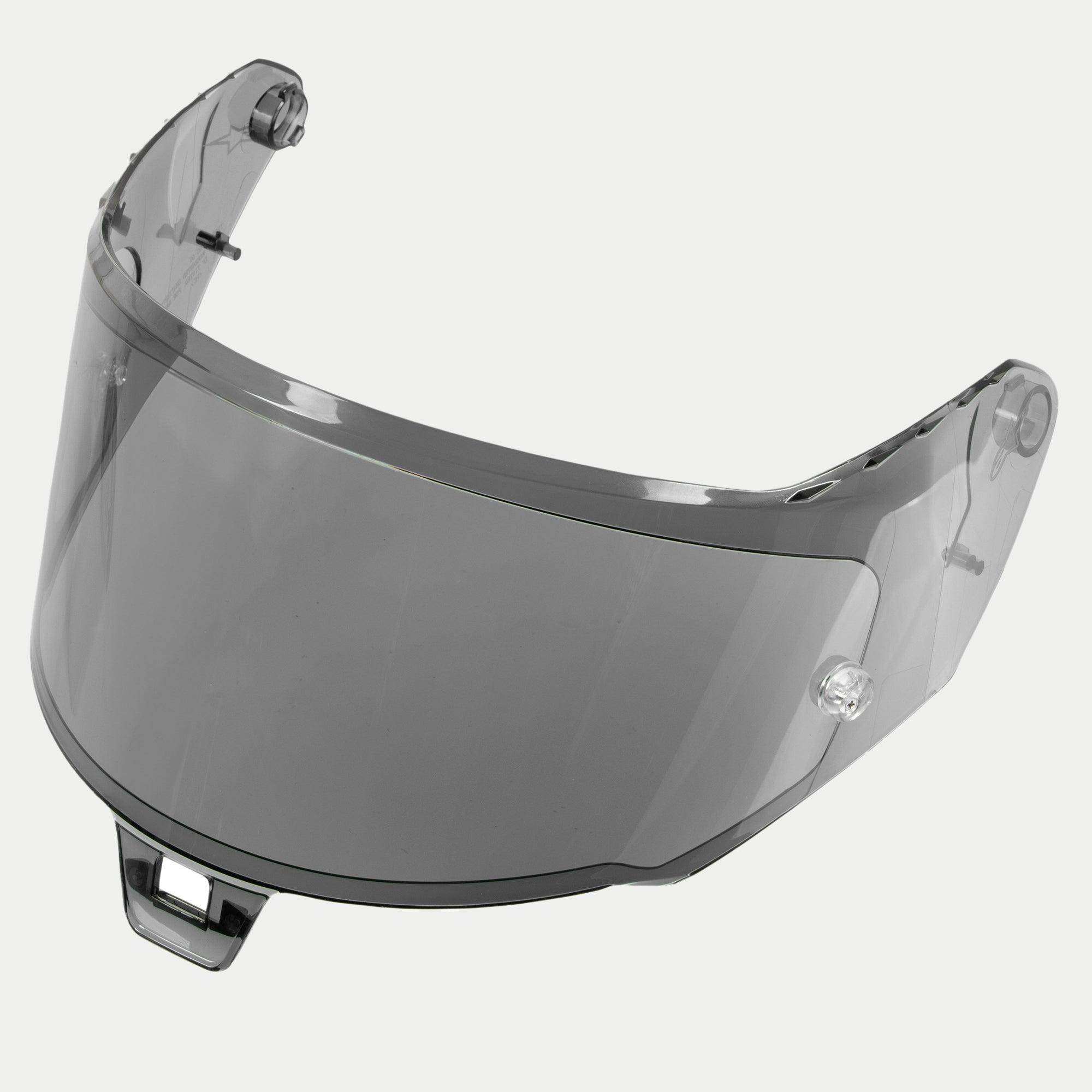 Alpinestars Supertech R10 AFHS-01 visir, hjelmvisir, lys røgfarvet, halvgennemsigtig grå plast, aerodynamisk buet design med side-monteringspunkter og central tap, reservedel til S-R10 racinghjelm