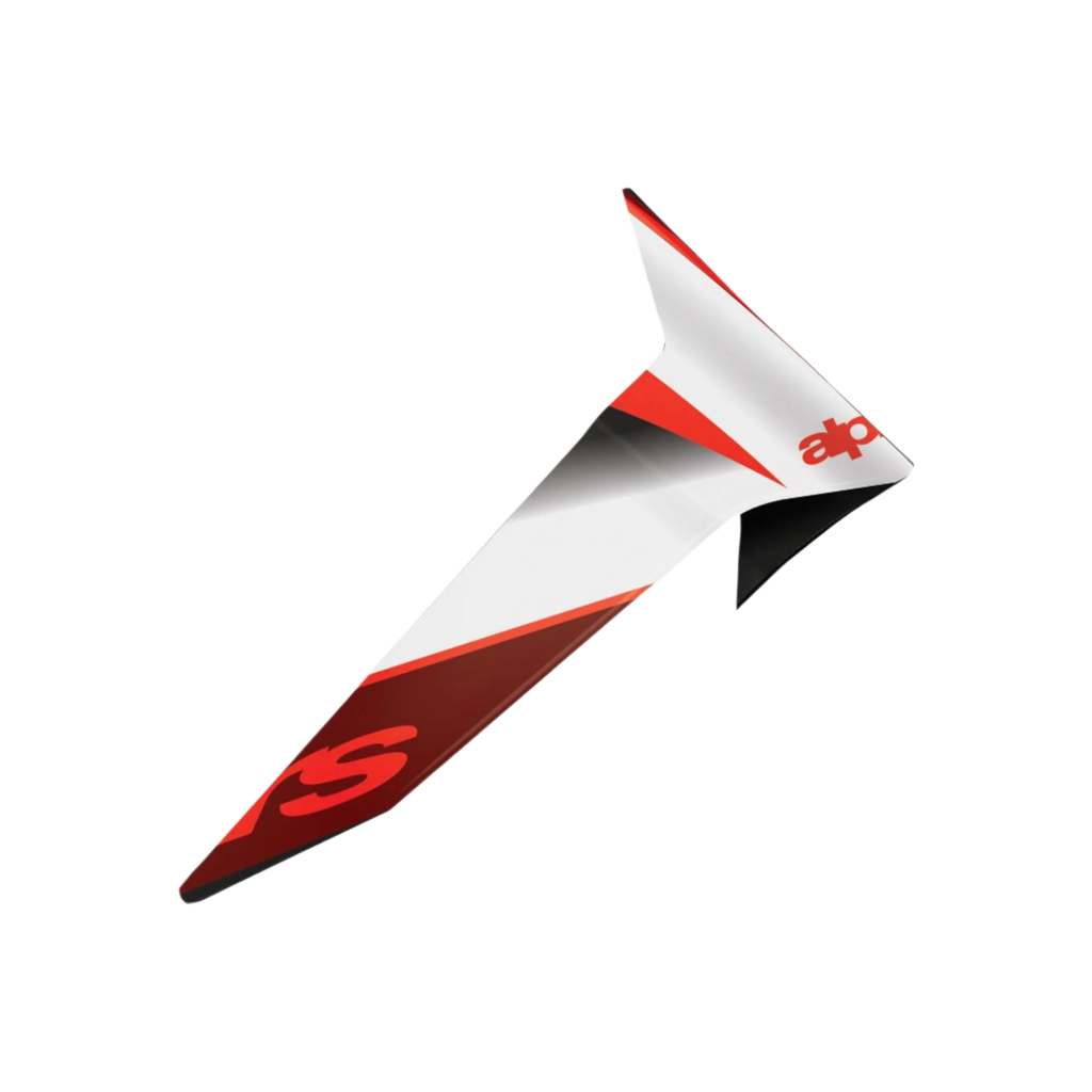 Alpinestars Supertech R10 Team Standard Spoiler, tilbehør til motorcykelhjelm, sort carbon, rød og hvid blank finish, aerodynamisk reservedel med skarpt vinklet design og markant grafisk branding.