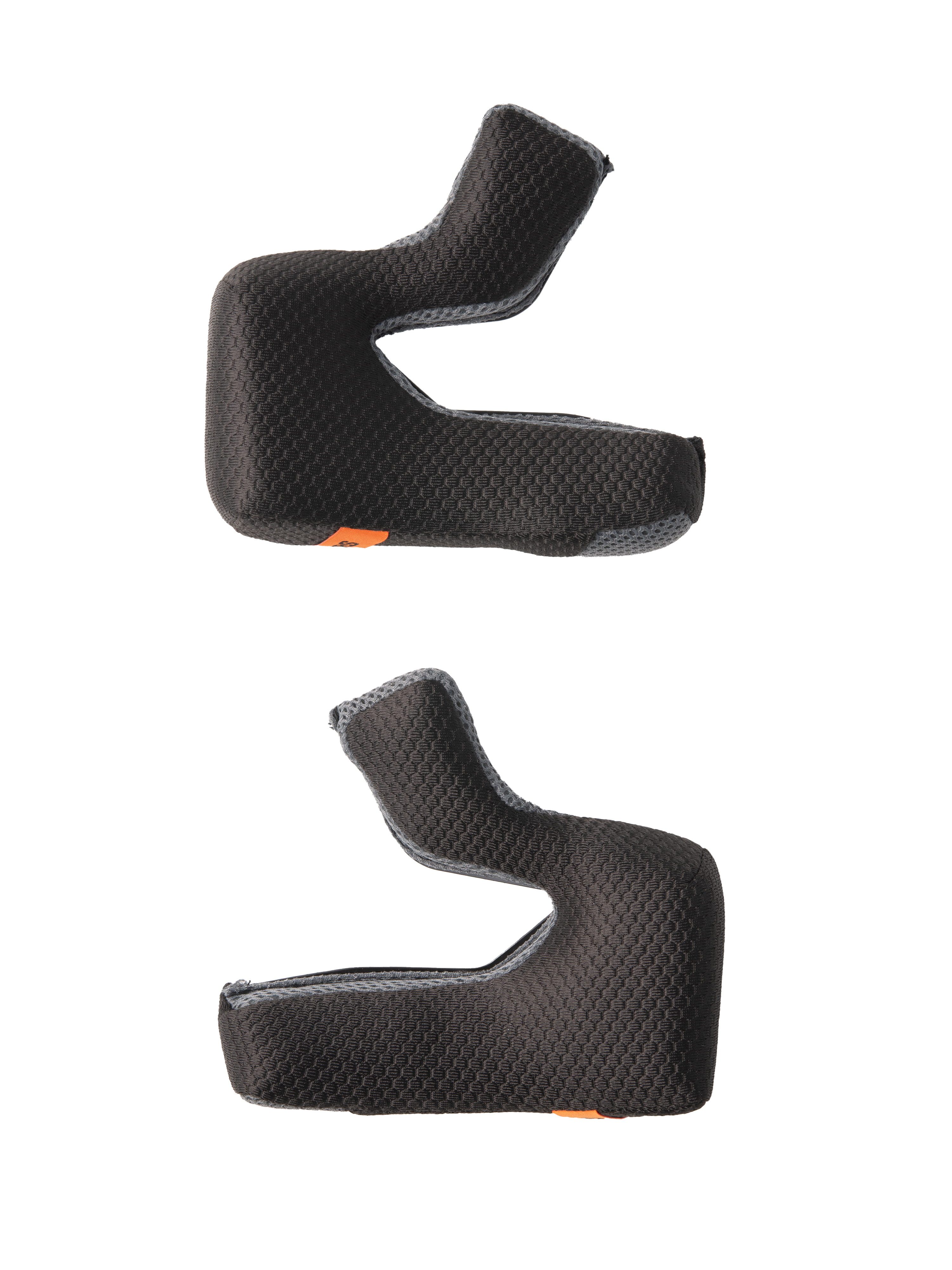 Alpinestars S-M7 Cheek Pad Set, Replacement Helmet Padding, Black with textured honeycomb fabric and gray mesh edges, contoured foam pads for ergonomic fit, featuring orange emergency release tabs, motorcycle helmet accessories