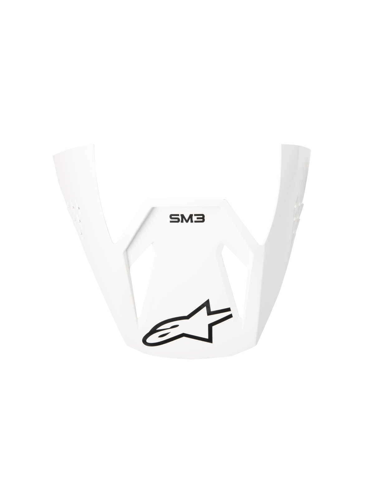 Alpinestars S-M3 Solid ECE06 Visor, White Glossy replacement peak for motocross helmets, featuring black SM3 branding and Alpinestars star logo, angular and aerodynamic design for off-road performance