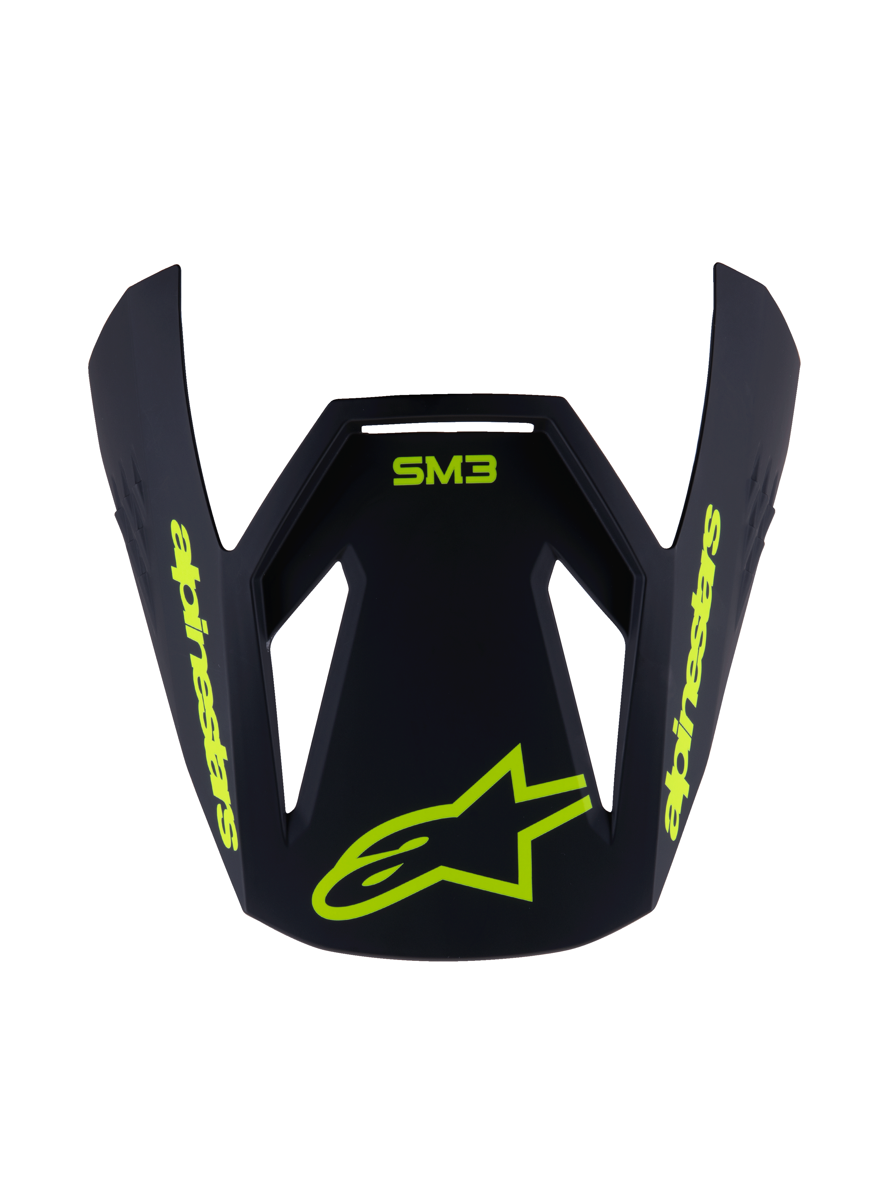 Alpinestars S-M3 Ungdom Radium visir, erstatningsvisir til hjelm, mat sort med fluorescerende gul grafik, med SM3-logo og Alpinestars-branding, vinklet aerodynamisk design til motocross-hjelme