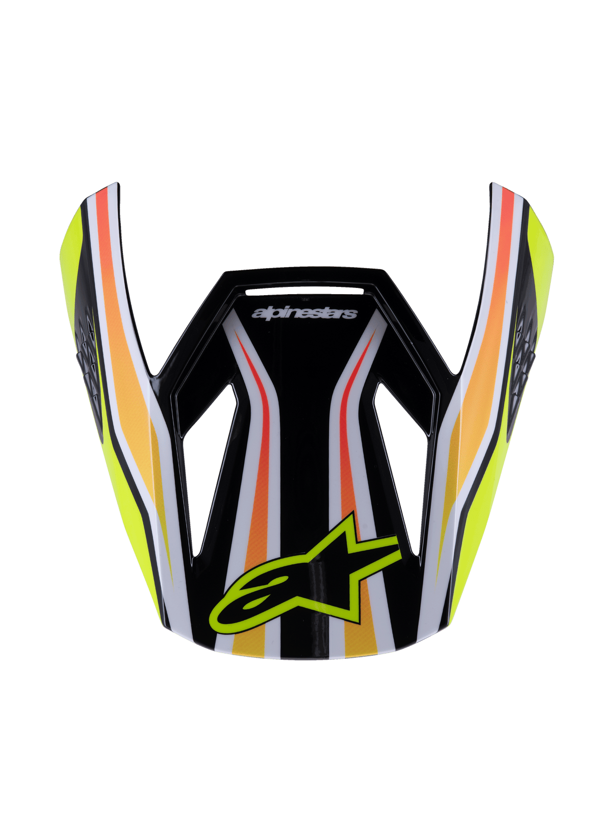Alpinestars S-M3 Youth Wurx Visor, Motocross Helmet Visor, Black with Yellow Orange and Red stripes, featuring the yellow Alpinestars logo, glossy aerodynamic design, replacement peak for youth off-road racing