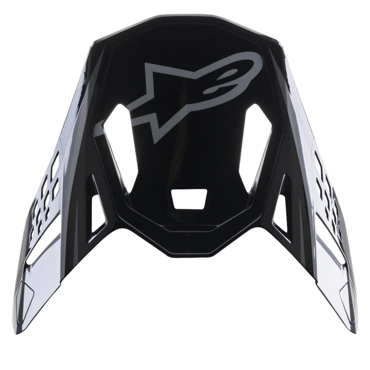 Alpinestars Supertech M10 Carbon Meta2 Visir, sort og grå blank reservedelsskygge, med gråt Alpinestars-logo og aerodynamiske ventilationsudskæringer, motocross-hjelm tilbehør