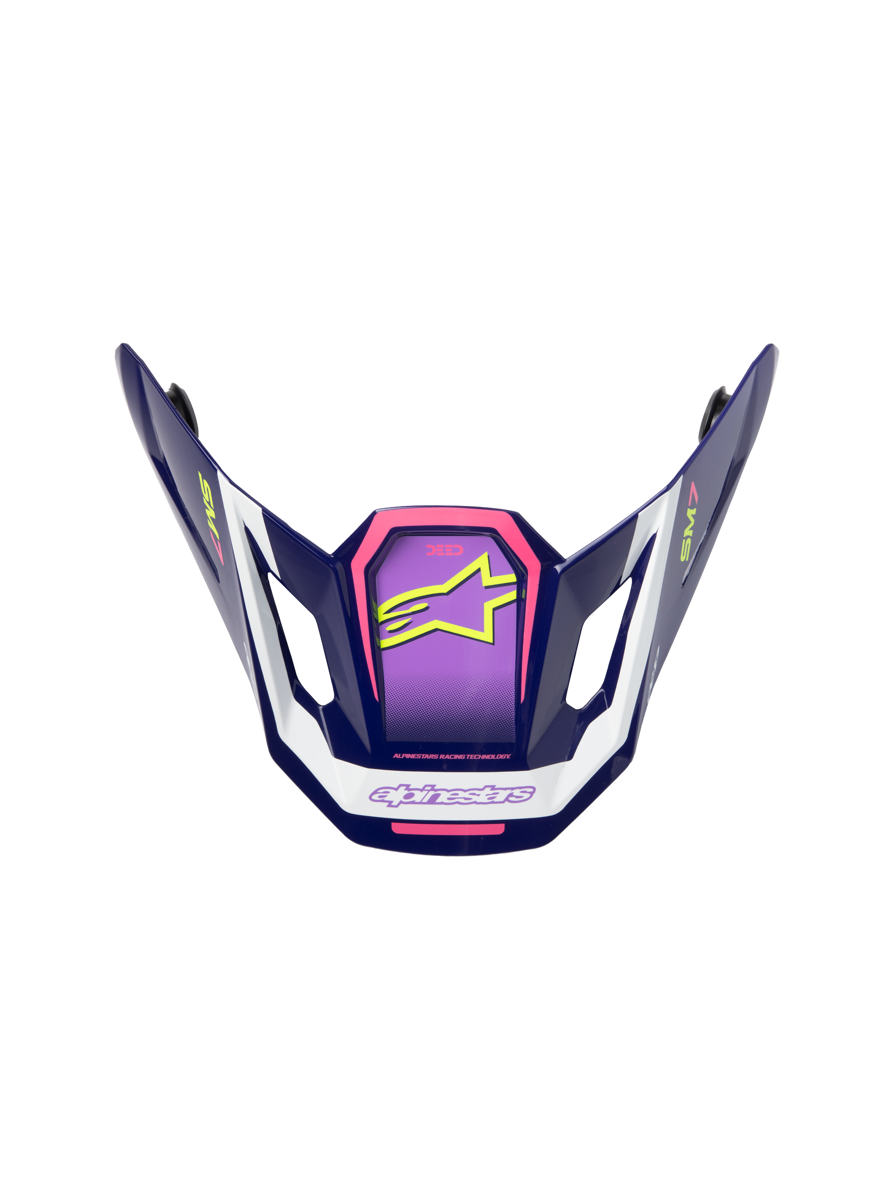 Alpinestars S-M7 Deed visir, tilbehør til motocrosshjelm, lilla, pink og hvid, blank finish med neongult stjernelogo og SM7-branding, kantet aerodynamisk design til off-road-racing