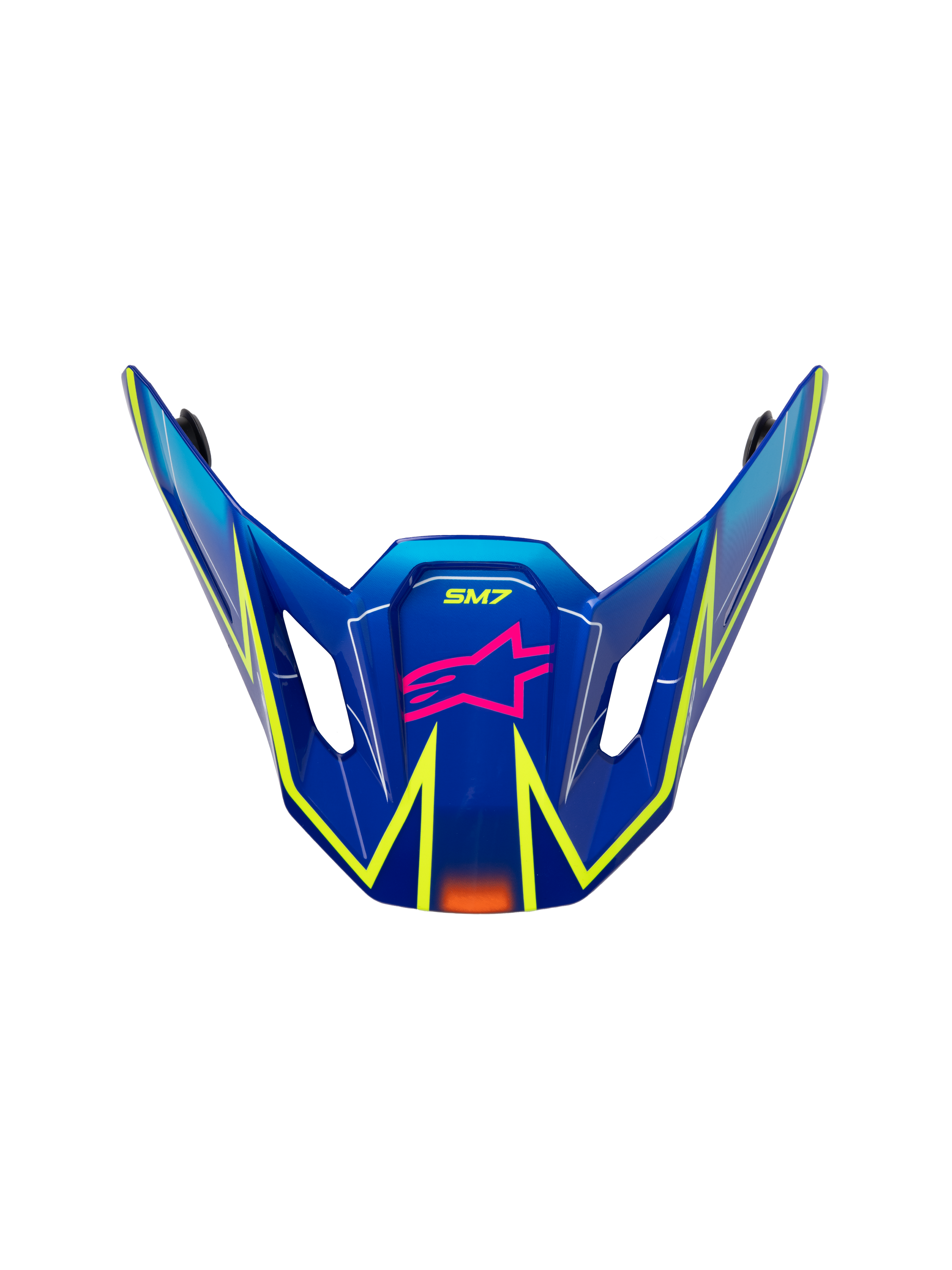 Alpinestars S-M7 Cast visir, erstatningsskygge til motocrosshjelm, blank blå med pink og gule fluo-detaljer, pink stjernelogo og SM7-branding, aerodynamisk design med ventilationsåbninger