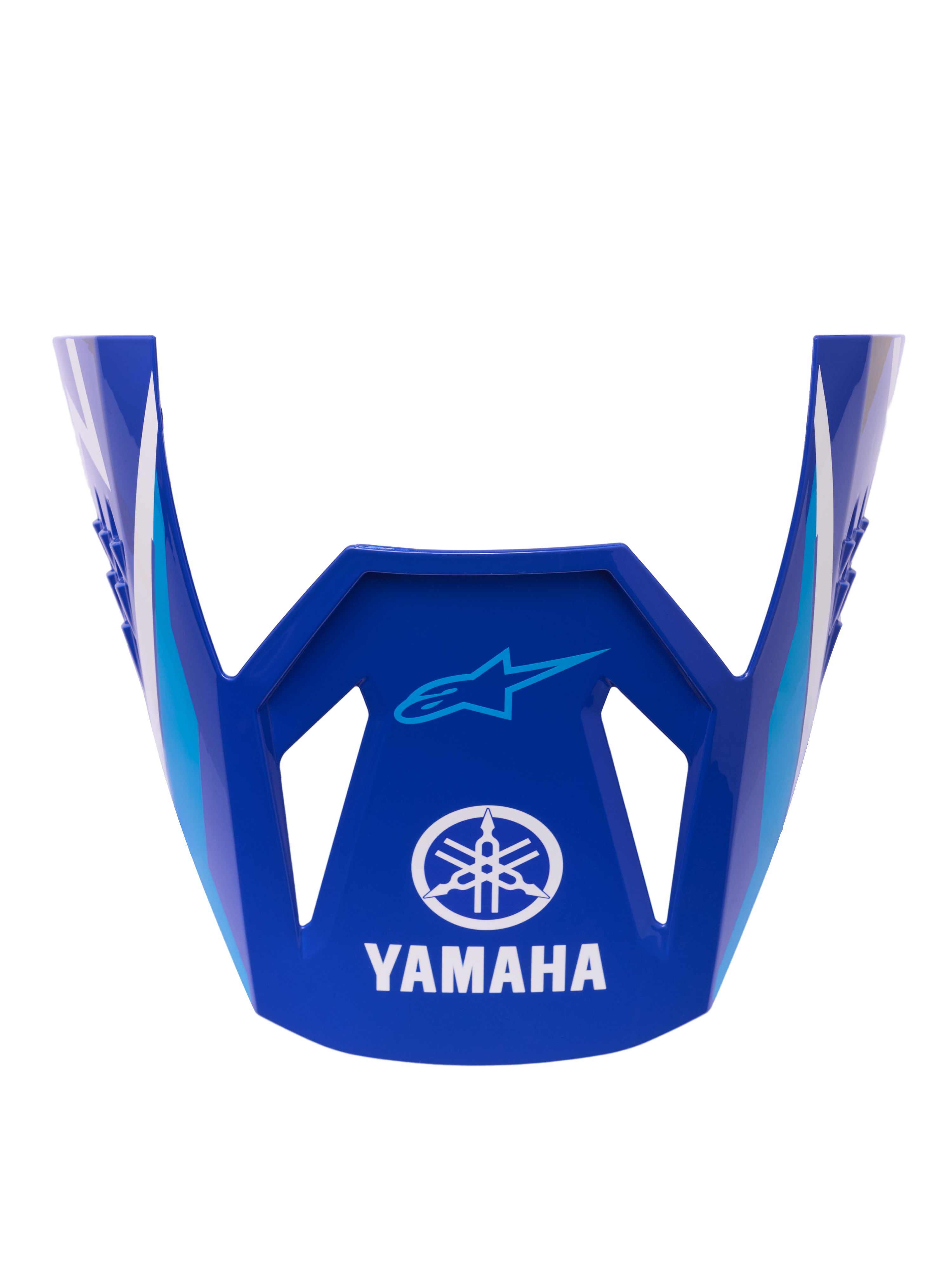Alpinestars Yamaha S-M3 Visir ECE 22.06, udskiftningsvisir til hjelm, blank blå med hvide og lyseblå geometriske detaljer, med hvidt Yamaha-logo og blåt Alpinestars Astar-logo, officiel reservedel til motocrosshjelme