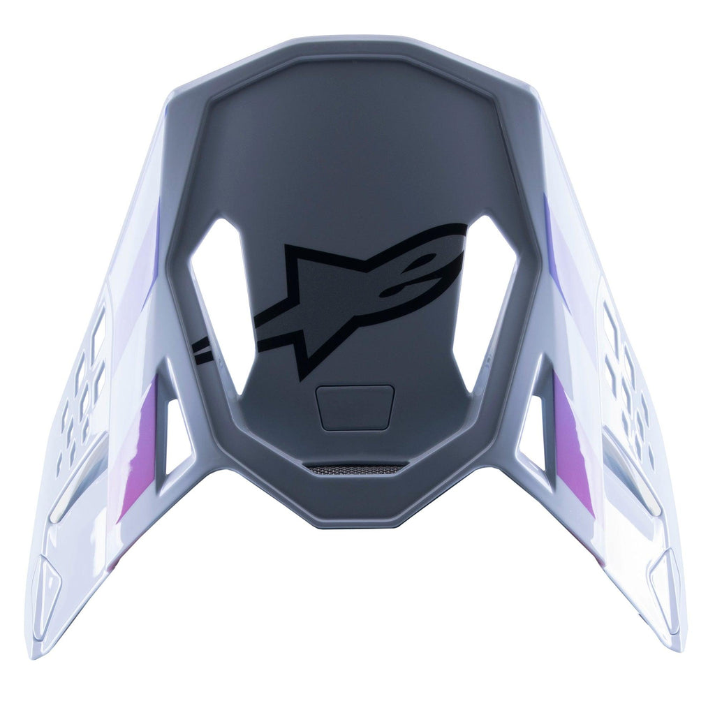 Alpinestars Supertech M10 Daytona 23 LE visir, udskiftningsvisir til motocross, Haze Gray med lilla og hvide detaljer, sort logo på undersiden, letvægts ventileret design til MX-racing