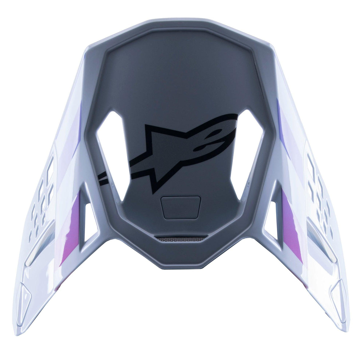 Alpinestars Supertech M10 Daytona 23 LE visir, udskiftningsvisir til motocross, Haze Gray med lilla og hvide detaljer, sort logo på undersiden, letvægts ventileret design til MX-racing