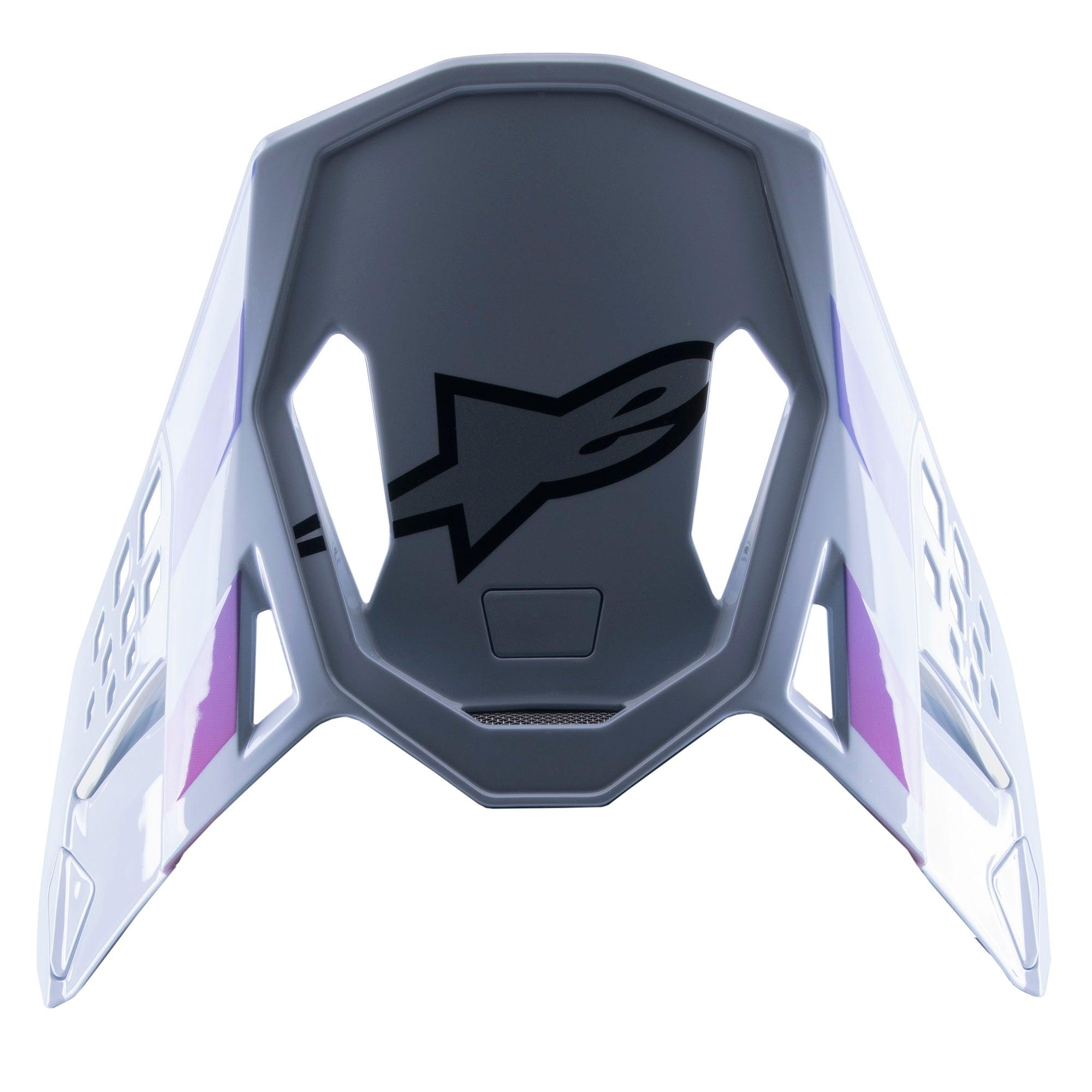 Alpinestars Supertech M10 Daytona 23 LE visir, udskiftningsvisir til motocross, Haze Gray med lilla og hvide detaljer, sort logo på undersiden, letvægts ventileret design til MX-racing