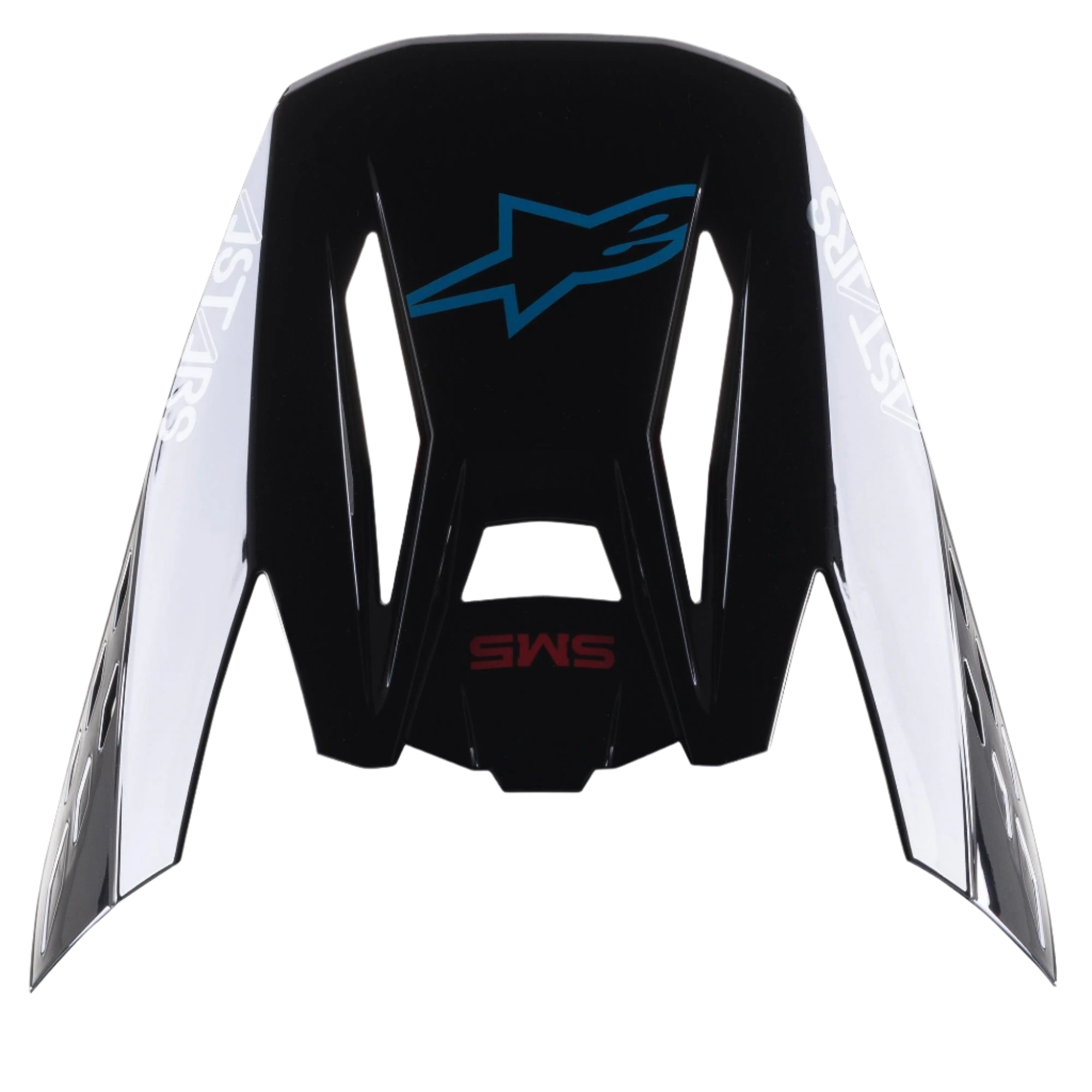 Alpinestars S-M5 Bond hjelmvisir, reservedelsskygge til motocrosshjelme, Sort Cyan Glossy med hvidt Astars-branding på siderne, set oppefra med blåt stjernelogo og rød SM5-tekst