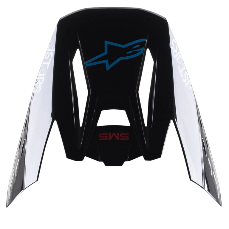 Alpinestars S-M5 Bond hjelmvisir, reservedelsskygge til motocrosshjelme, Sort Cyan Glossy med hvidt Astars-branding på siderne, set oppefra med blåt stjernelogo og rød SM5-tekst