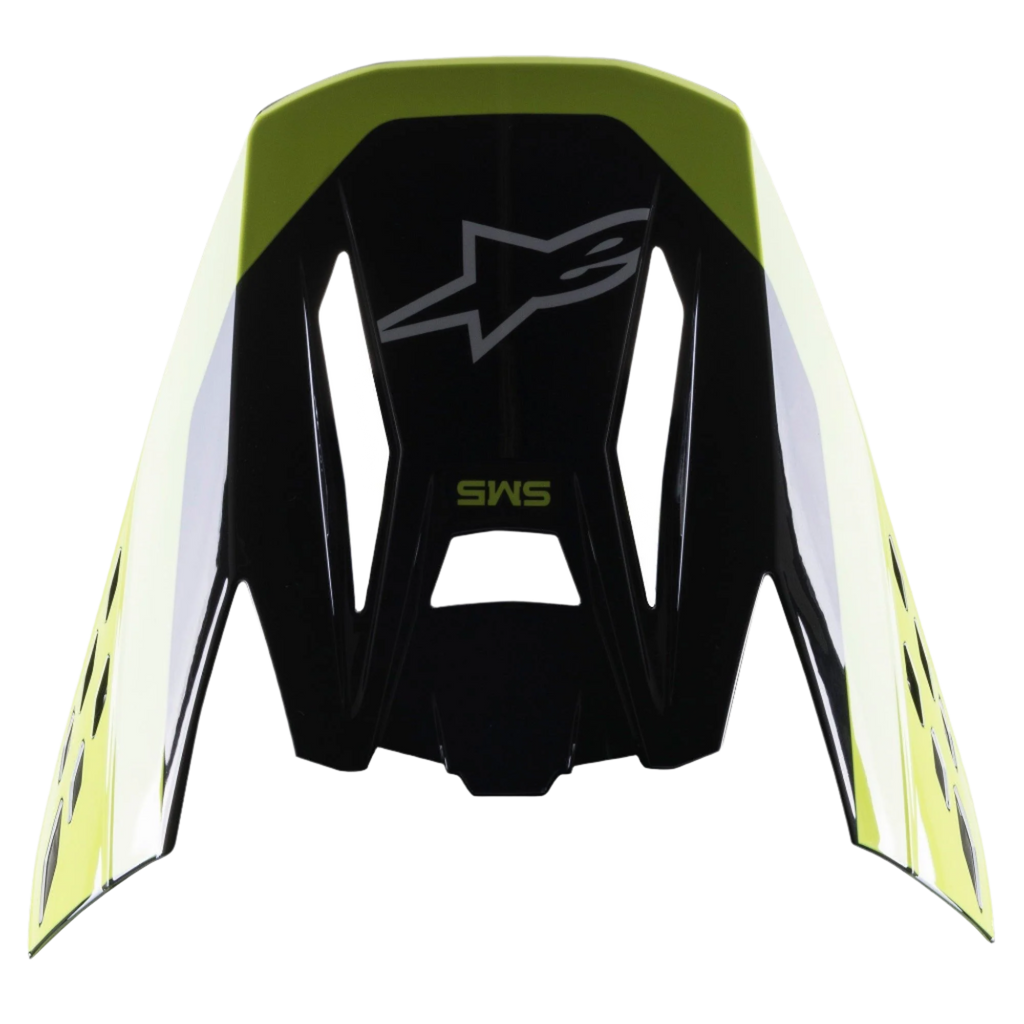 Alpinestars S-M5 Beam Visor, Helmet Accessory, Black and Yellow Fluo Glossy, featuring Alpinestars star logo and SM5 branding, replacement peak for motocross helmets