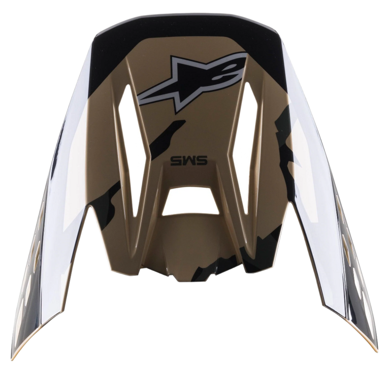 Alpinestars S-M5 Rover visir, erstatningsvisir til motocross-hjelm, Sand Tangerine Camo Glossy, brun base med sorte camouflage-detaljer, med Alpinestars-logo og SM5-branding, vinklet design til motocross-hjelme