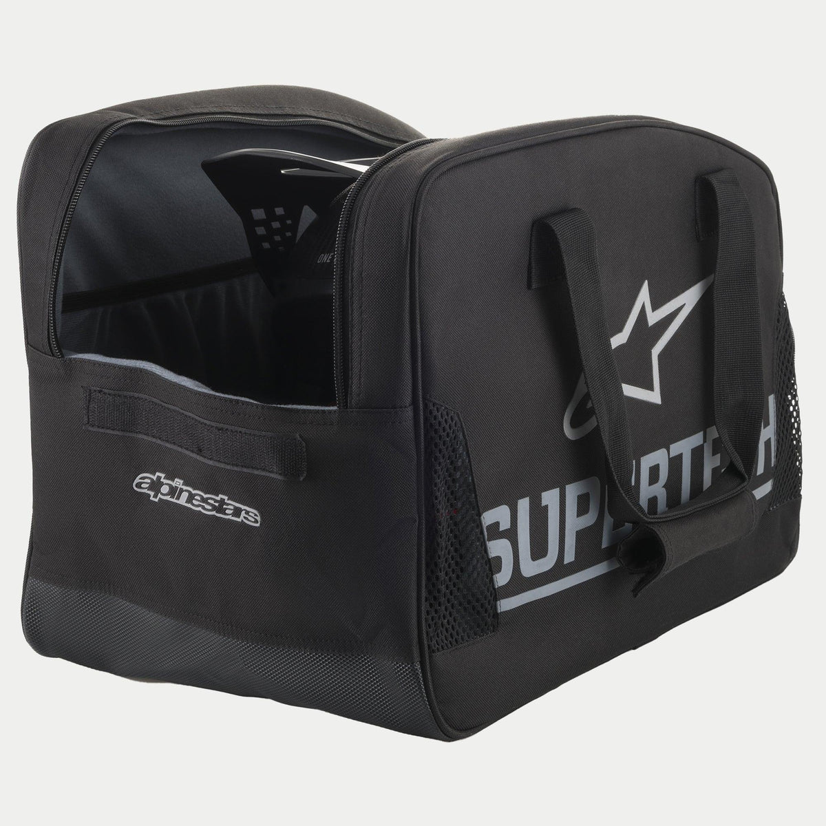 Alpinestars Supertech Semi Rigid Helmet Bag, Black motocross helmet bag featuring silver branding, durable web carrying handles, and a secure semi-rigid construction