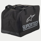 Alpinestars Supertech Semi Rigid Helmet Bag, Black and Silver, featuring durable construction, sturdy carrying handles, and large Supertech branding for motorcycle protection gear