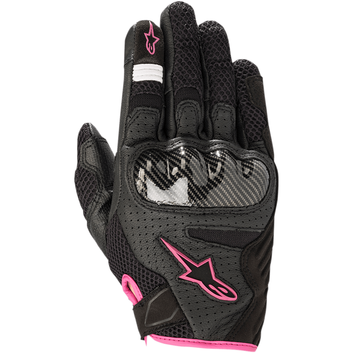 Alpinestars Stella SMX-1 Air V2 handsker til damer, motorcykelhandsker, sort med fuchsia-pink detaljer, knobeskytter med kulfibertekstur, perforeret læder og air-mesh-konstruktion for ventilation, kort manchet-design