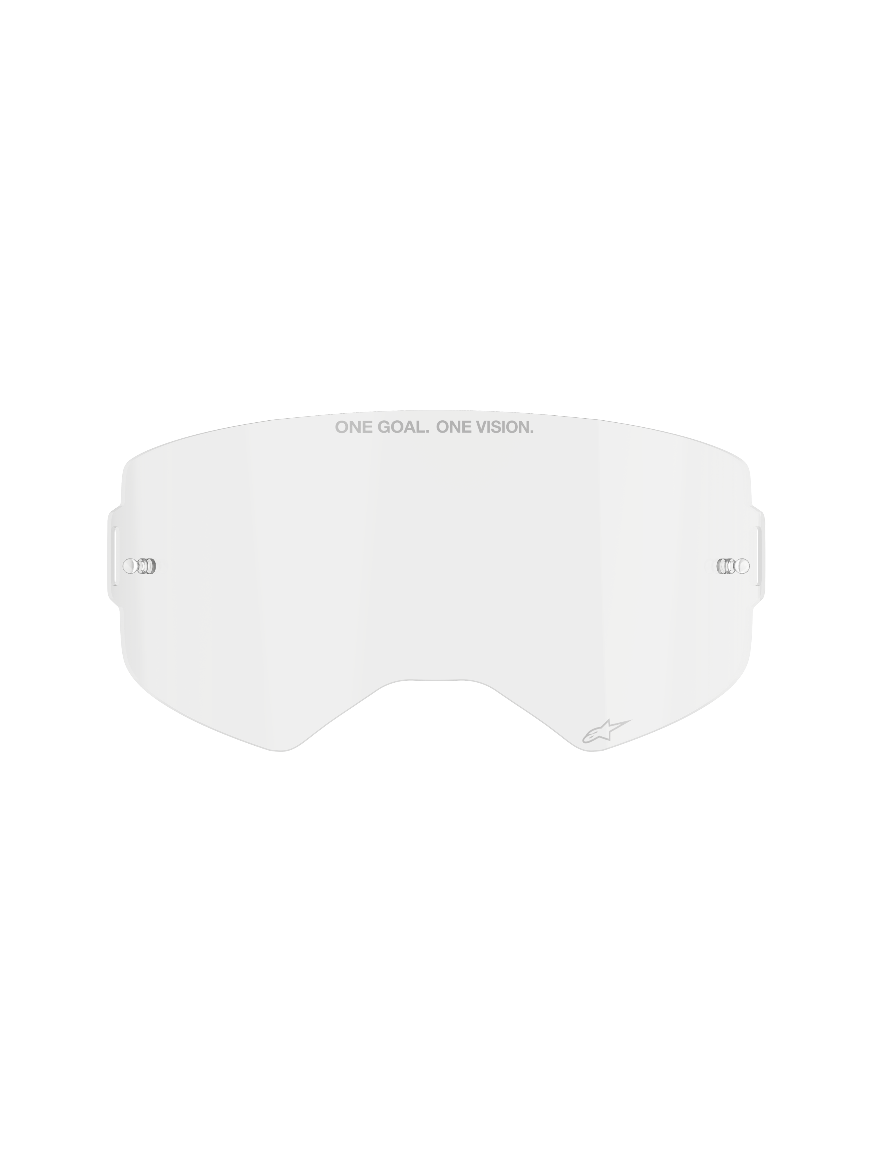 Alpinestars Supertech Clear Lens, udskiftningslinse til motocrossbriller, gennemsigtig slagfast polycarbonat, 'ONE GOAL. ONE VISION.' tekst øverst og lille logodetalje, monteringspunkter på siden til tear-offs