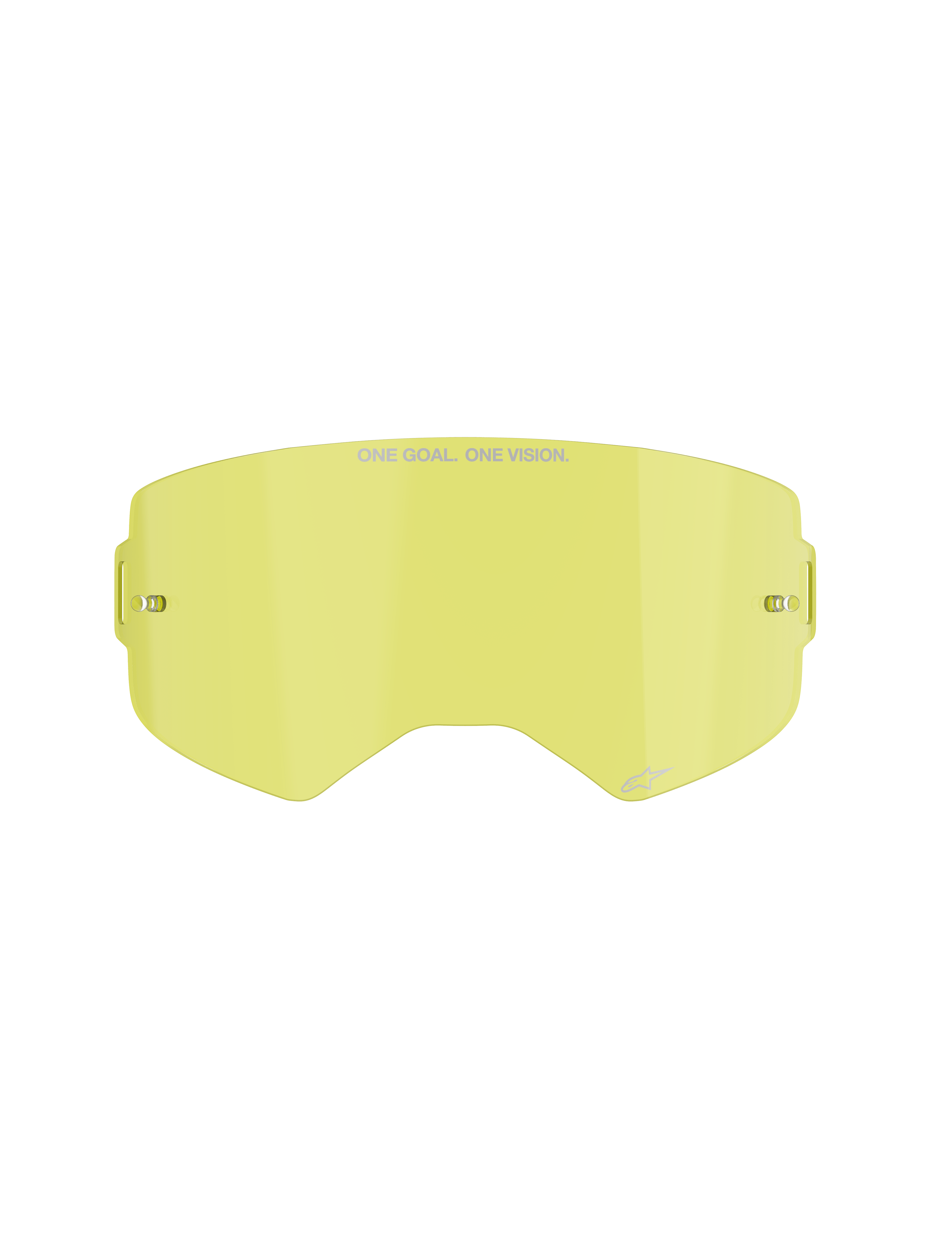 Alpinestars Supertech Clear Lens, udskiftningslinse til motocrossbriller, gul farvetone, med "ONE GOAL. ONE VISION." branding, integrerede tear-off-stifter, gennemsigtig slagfast polycarbonatkonstruktion.