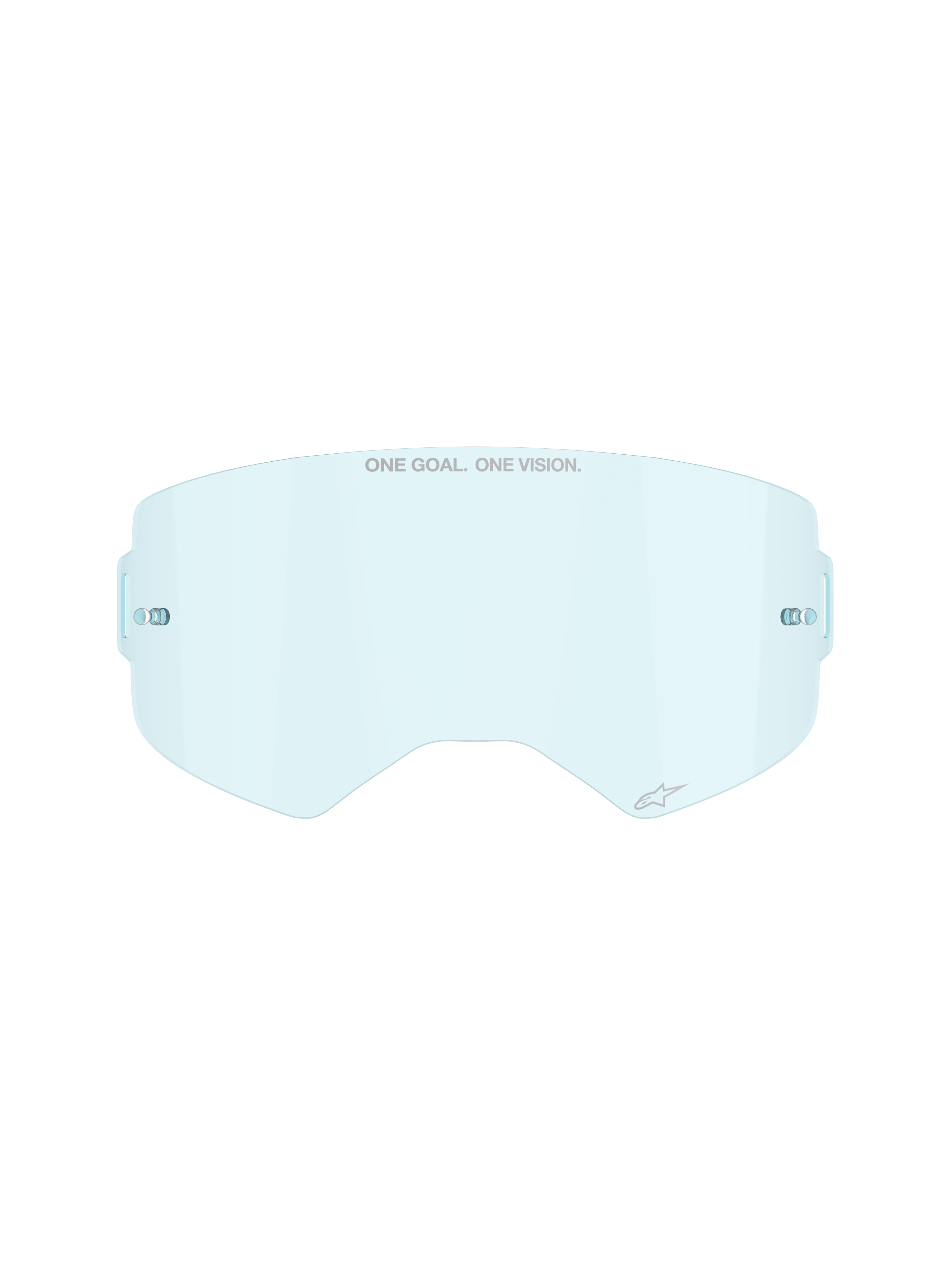 Alpinestars Supertech Clear Lens i Clear Blue, udskiftningslinse til motocrossbriller, med ONE GOAL ONE VISION branding og integrerede tear-off-stifter, buet slagfast polycarbonat-design