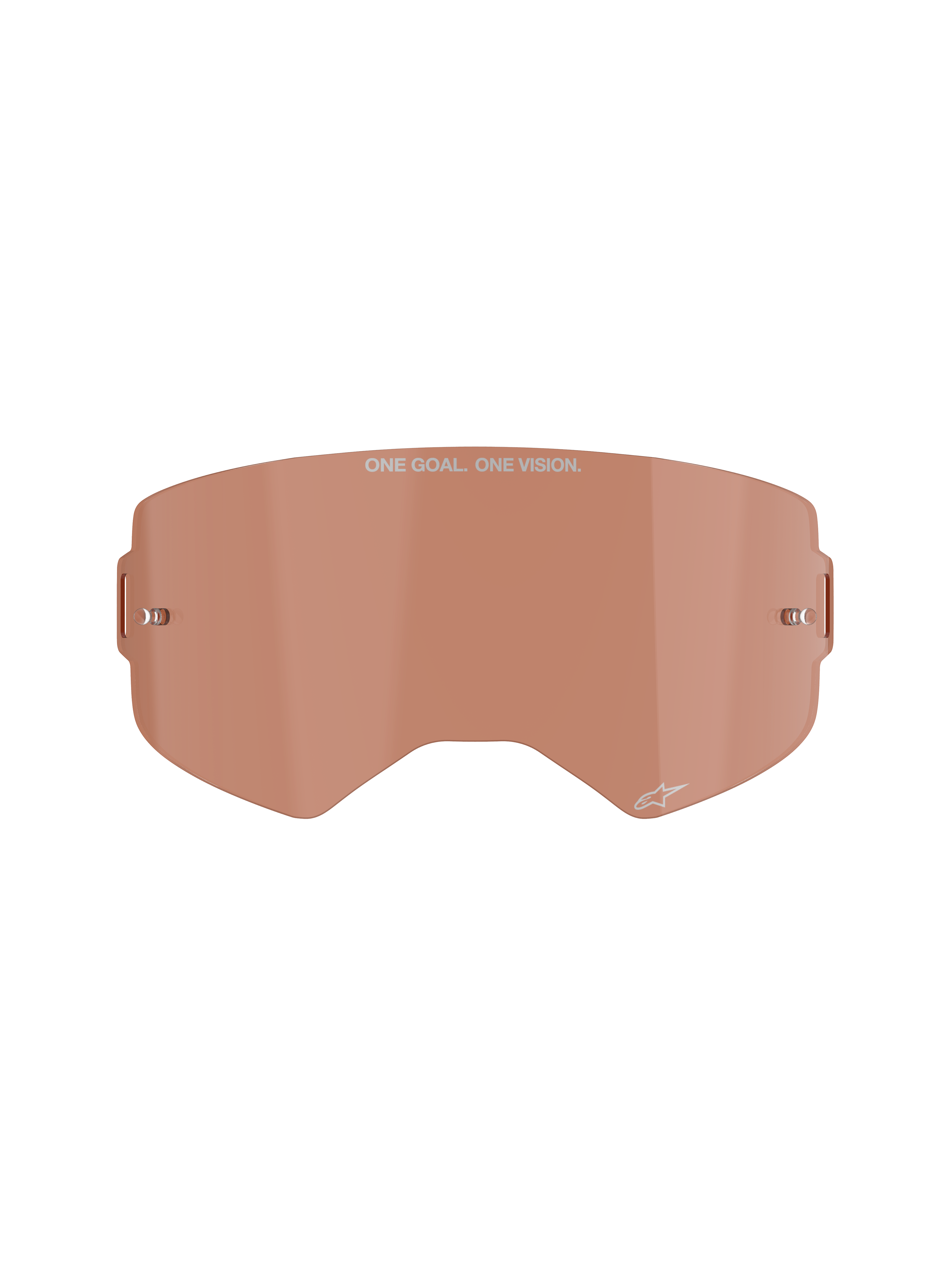 Alpinestars Supertech goggle-linse, kobber/rosa tonet, sprøjtestøbt polycarbonat-linse med indbyggede metal-tear-off-poster, med "ONE GOAL. ONE VISION." branding, off-road og motocross racertilbehør