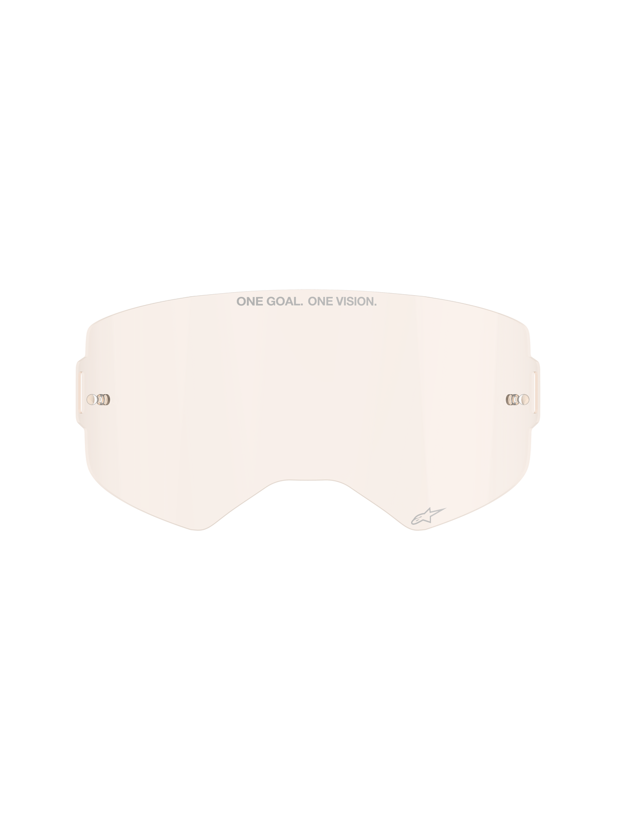 Alpinestars Supertech goggle-linse, Light Copper Rose farvetone, sprøjtestøbt udskiftningslinse i polycarbonat, med 'ONE GOAL. ONE VISION.' branding og lille stjernelogo, integrerede tear-off stifter, off-road og motocross goggle-tilbehør