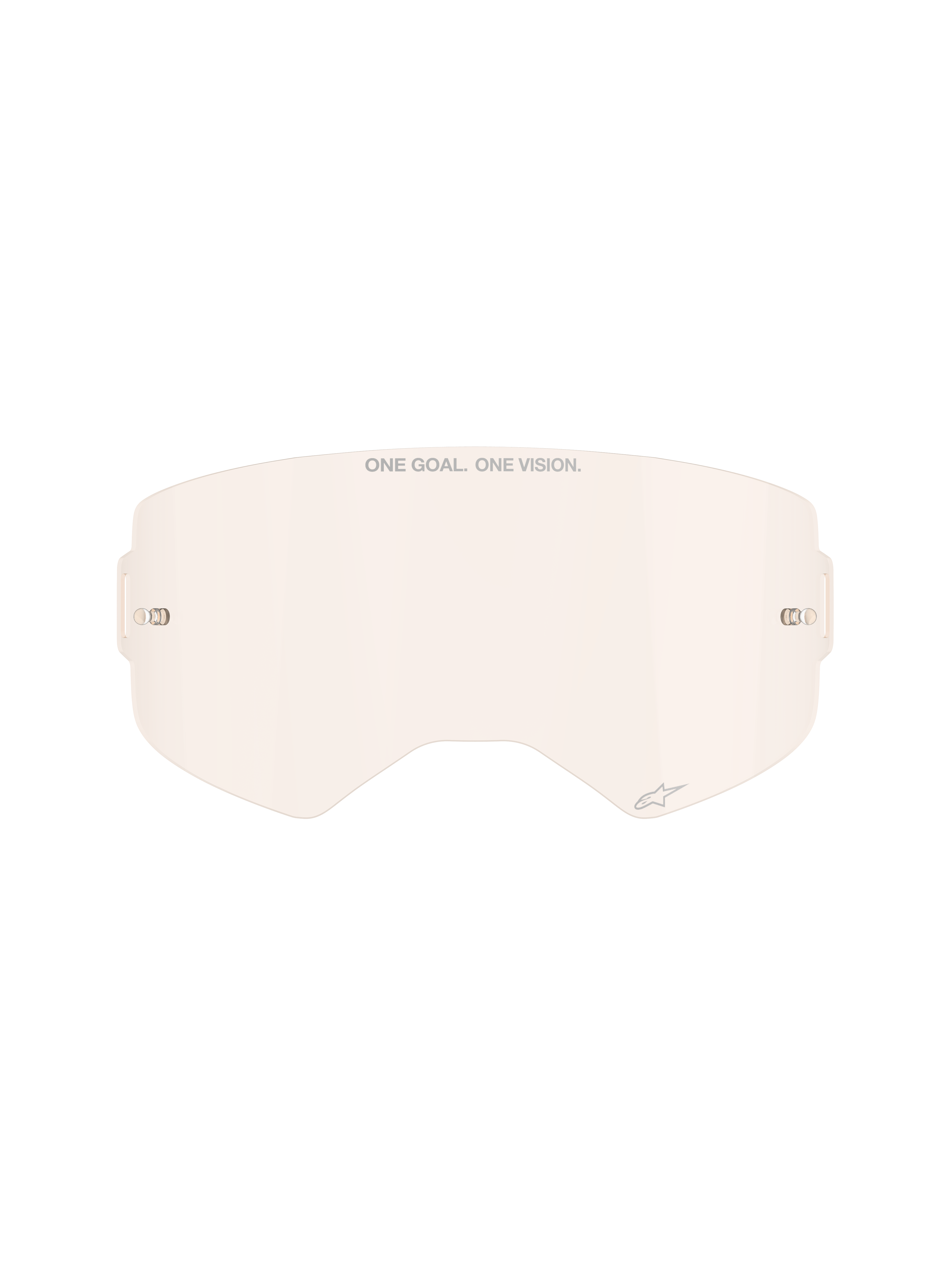Alpinestars Supertech goggle-linse, Light Copper Rose farvetone, sprøjtestøbt udskiftningslinse i polycarbonat, med 'ONE GOAL. ONE VISION.' branding og lille stjernelogo, integrerede tear-off stifter, off-road og motocross goggle-tilbehør