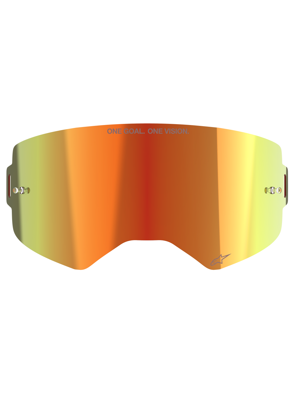 Alpinestars Supertech Mirror Linse, reserve-linse til motocross-briller, Mirror Red med orange og gul gradient, med "ONE GOAL. ONE VISION." tekst, indbyggede tear-off-stifter og reflekterende finish til off-road racing
