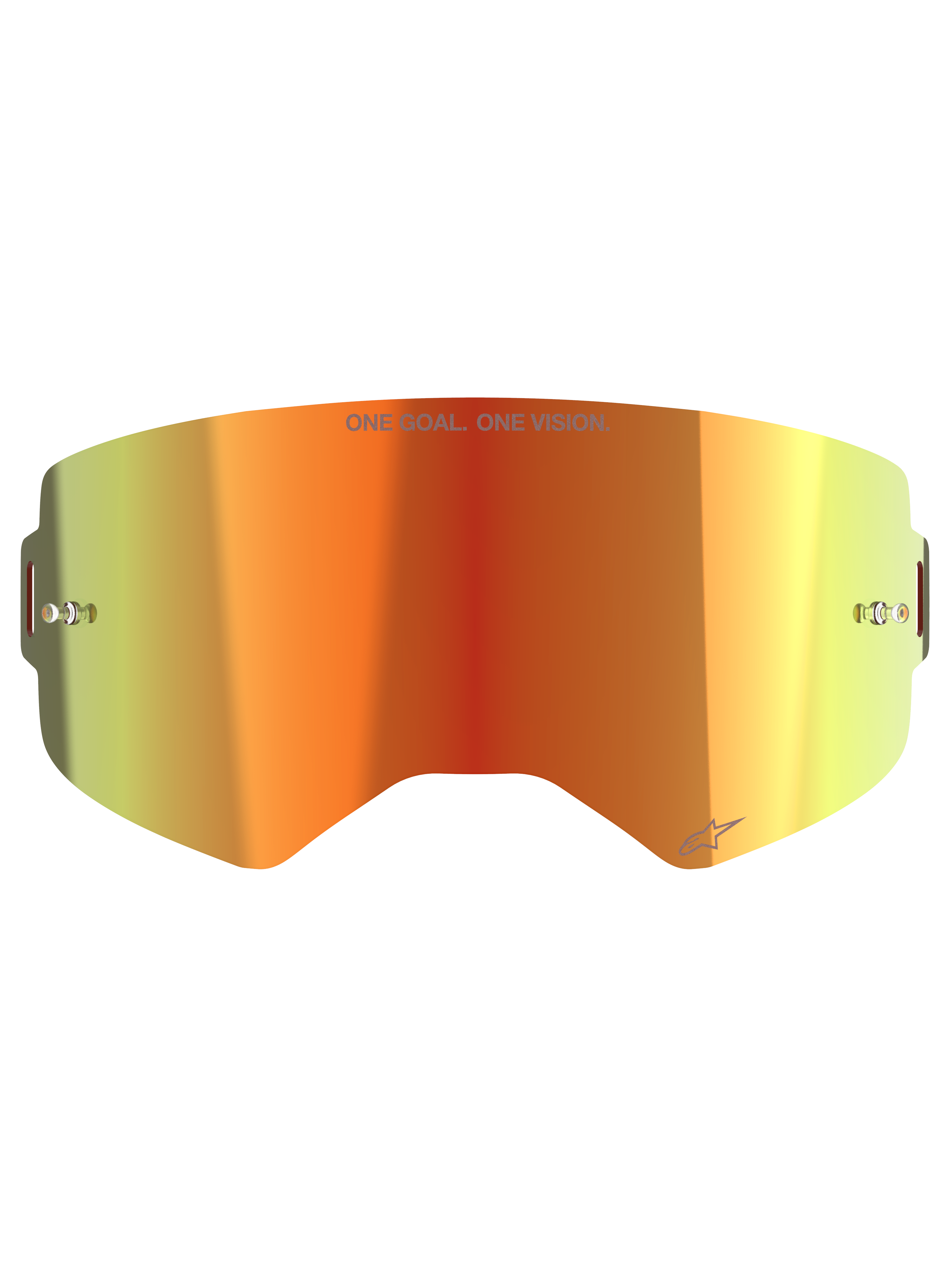Alpinestars Supertech Mirror Linse, reserve-linse til motocross-briller, Mirror Red med orange og gul gradient, med "ONE GOAL. ONE VISION." tekst, indbyggede tear-off-stifter og reflekterende finish til off-road racing