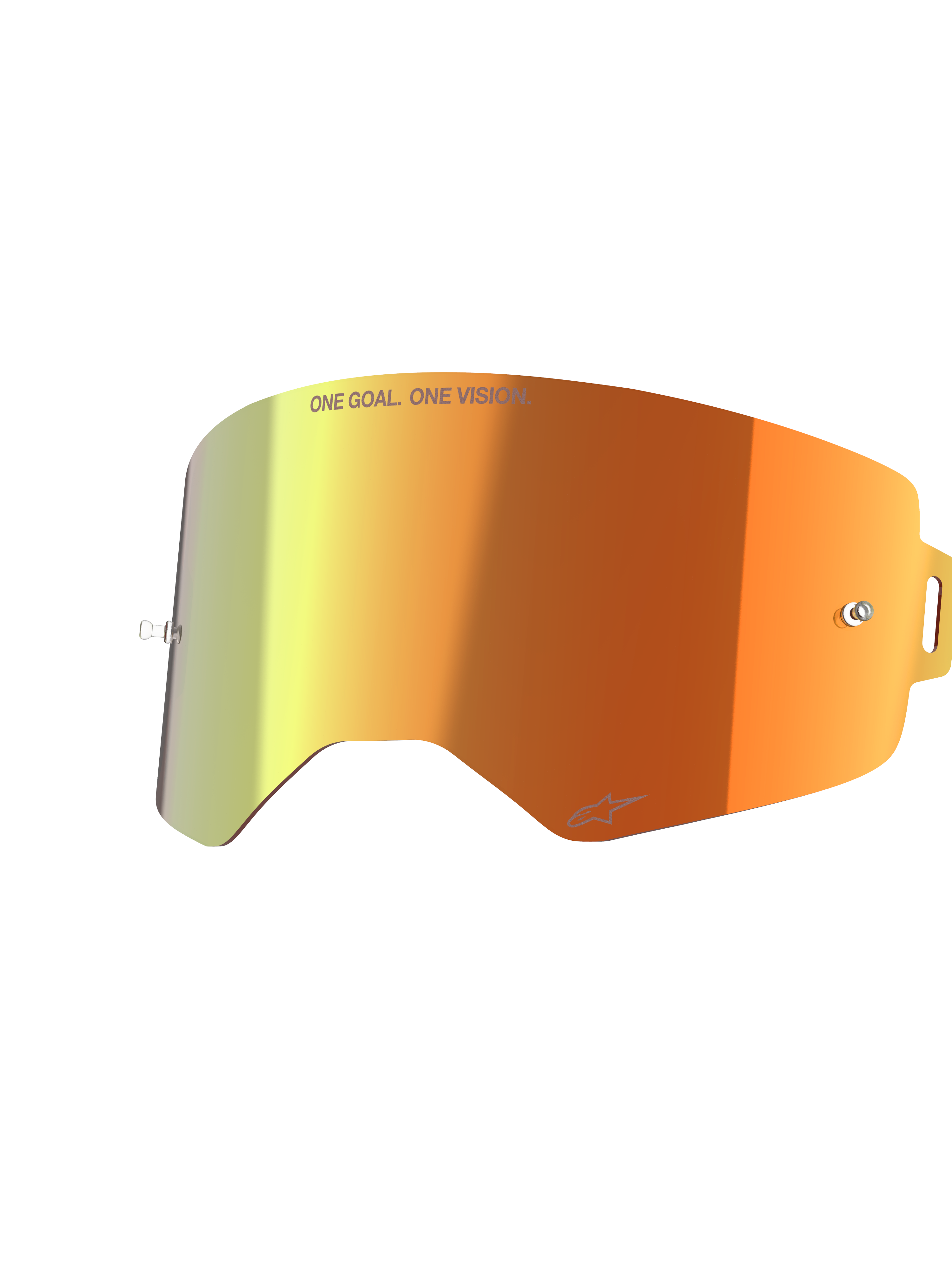 Alpinestars Supertech Mirror Linse, tilbehør til goggles, Mirror Red med orange og gul gradient, med 'ONE GOAL. ONE VISION.' tekst og Alpinestars logo, reflekterende finish med tear-off poster til motocross racing