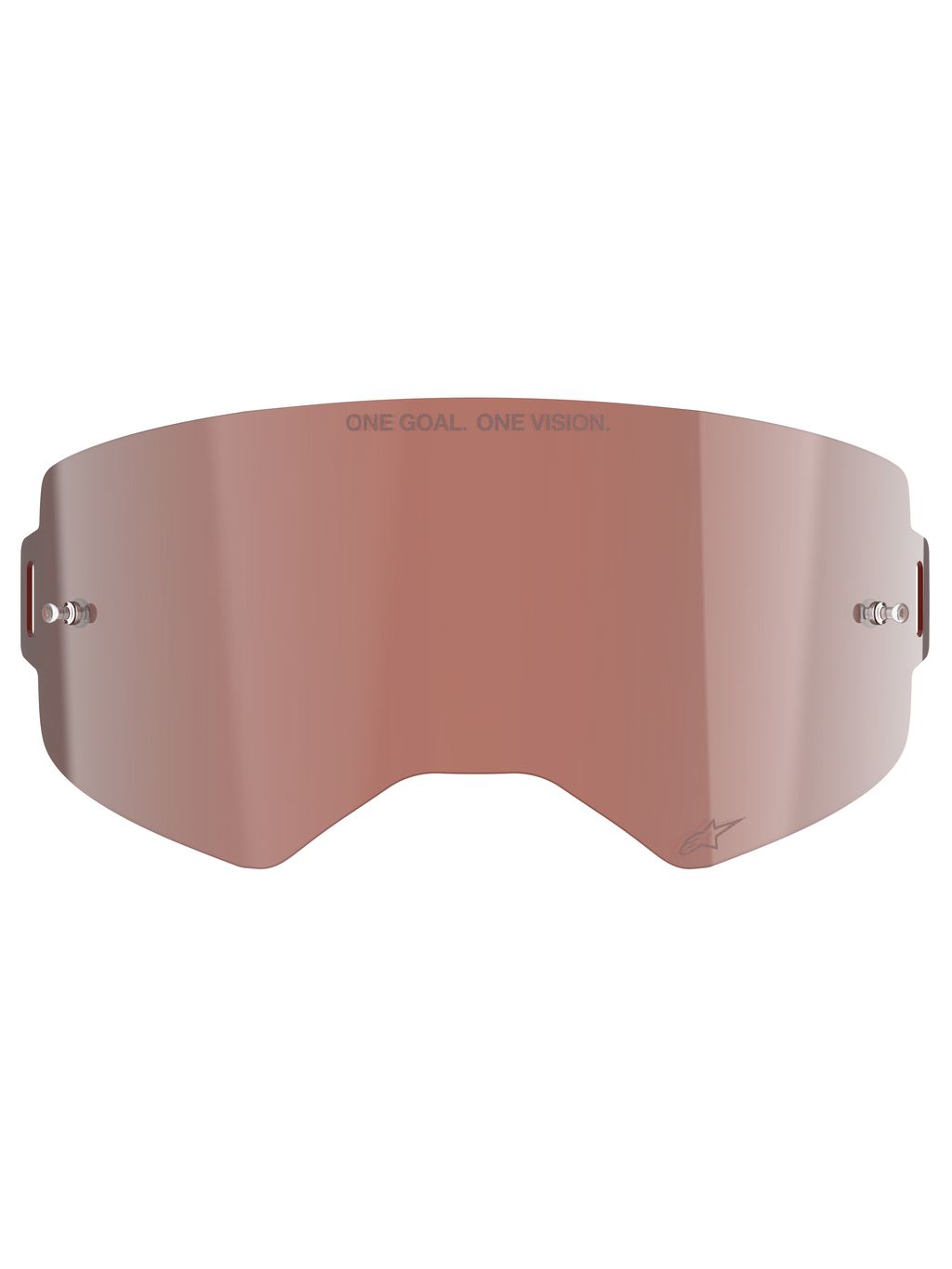 Alpinestars Supertech Mirror Lens, udskiftningslinse til motocrossbriller, Mirror Silver med rødbrun Absolute Vision™-toning, reflekterende overflade med integrerede tear-off-stifter, 'ONE GOAL. ONE VISION.'-gravering og Alpinestars-logo