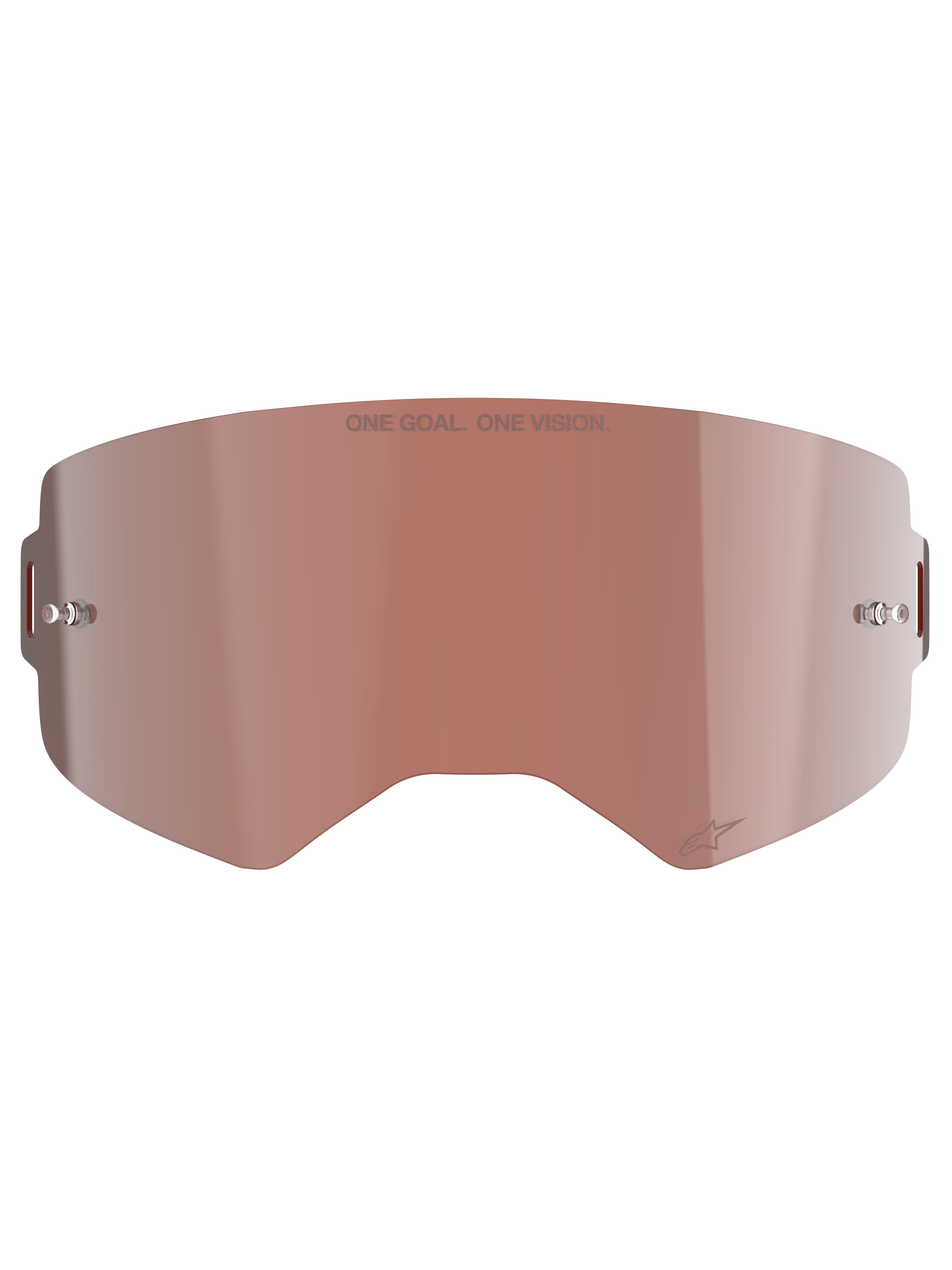 Alpinestars Supertech Mirror Lens, udskiftningslinse til motocrossbriller, Mirror Silver med rødbrun Absolute Vision™-toning, reflekterende overflade med integrerede tear-off-stifter, 'ONE GOAL. ONE VISION.'-gravering og Alpinestars-logo