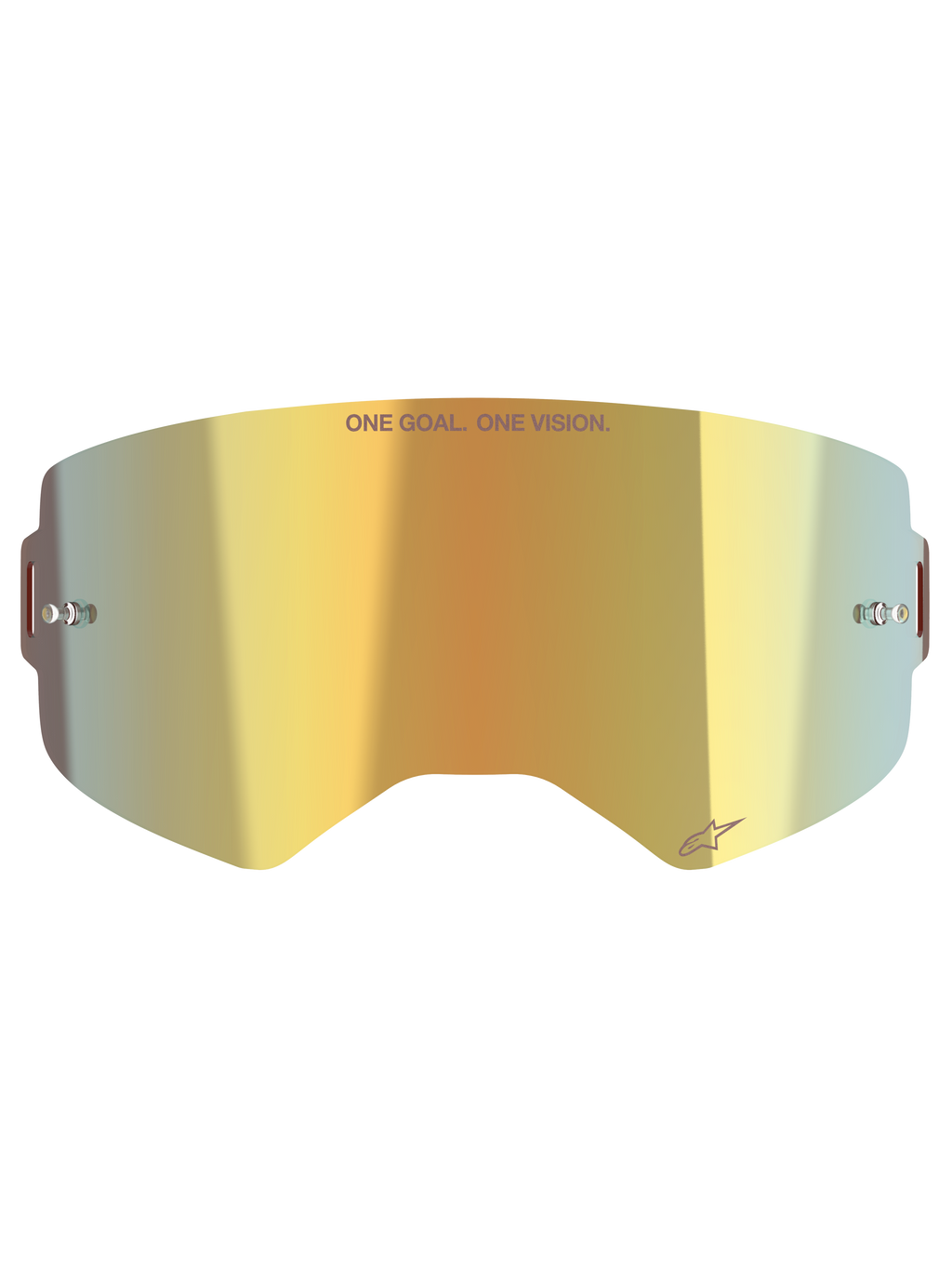 Alpinestars Supertech Mirror Linse, udskiftningslinse til motocrossbriller, Mirror Gold-finish, med 'ONE GOAL. ONE VISION.' tekst og Alpinestars-logo, inkluderer side-tear-off-poster, holdbart polykarbonat til off-road racing