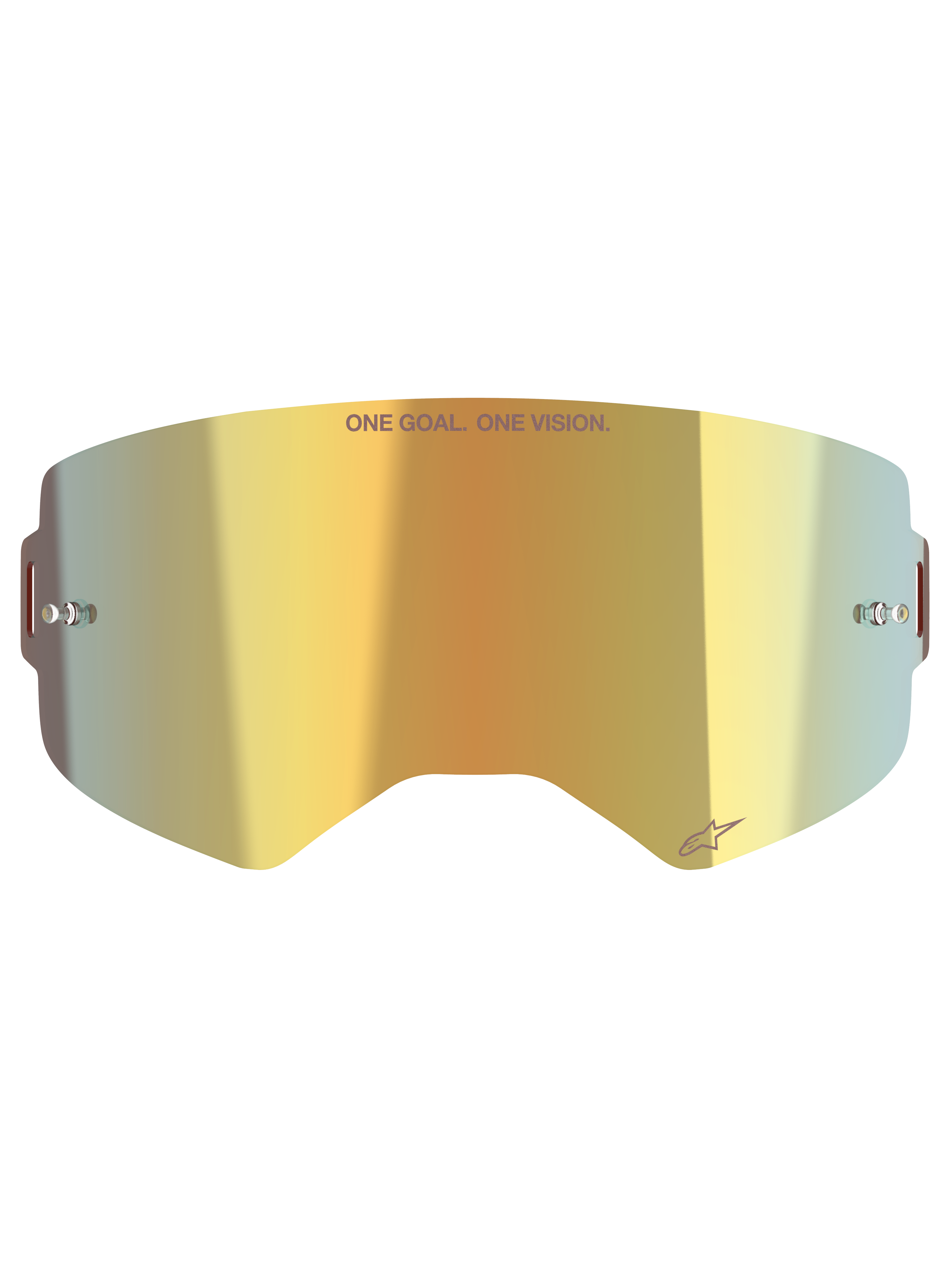 Alpinestars Supertech Mirror Linse, udskiftningslinse til motocrossbriller, Mirror Gold-finish, med 'ONE GOAL. ONE VISION.' tekst og Alpinestars-logo, inkluderer side-tear-off-poster, holdbart polykarbonat til off-road racing