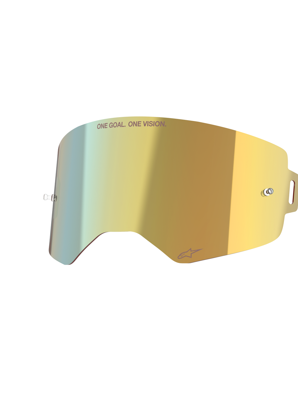 Alpinestars Supertech Mirror-linse, Mirror Gold, reflekterende udskiftningslinse til briller med integrerede tear-off-poster og 'ONE GOAL. ONE VISION.' tekst, motocross-tilbehør med høj klarhed