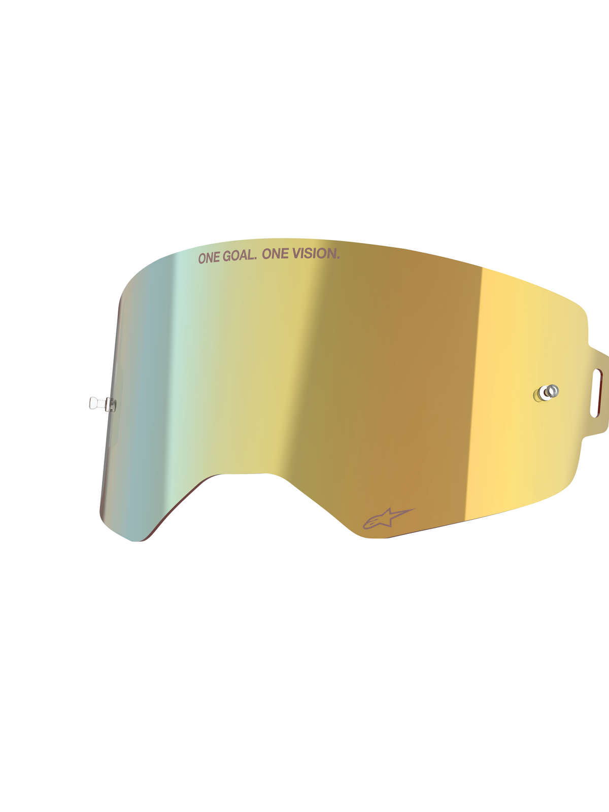 Alpinestars Supertech Mirror-linse, Mirror Gold, reflekterende udskiftningslinse til briller med integrerede tear-off-poster og 'ONE GOAL. ONE VISION.' tekst, motocross-tilbehør med høj klarhed